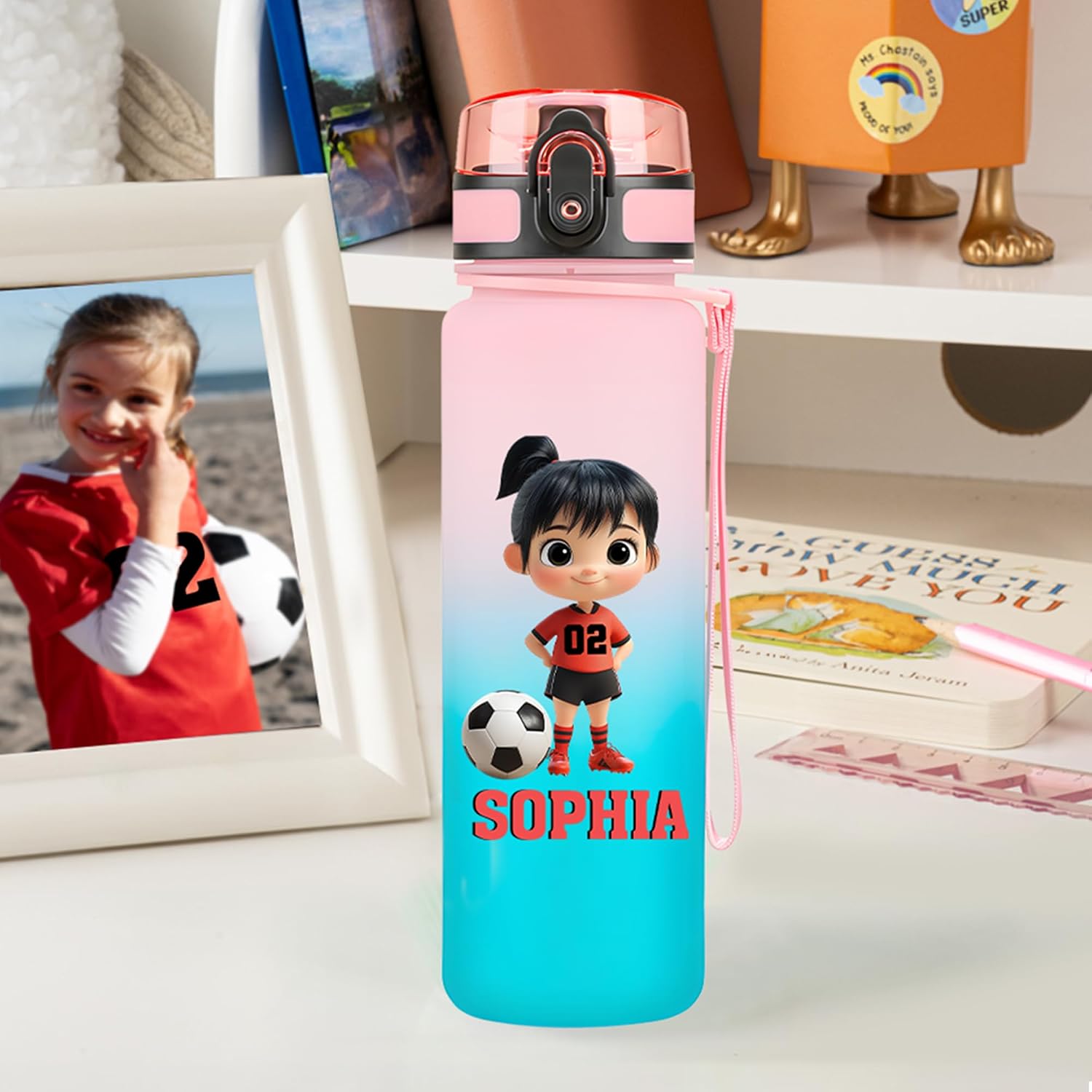 callie Personalized Soccer Water Bottle for Kids, Custom Cartoon Character Leak Proof Sport Bottle for Boys Girls, Soccer Gifts for Children, 17 oz, 22oz, 34oz