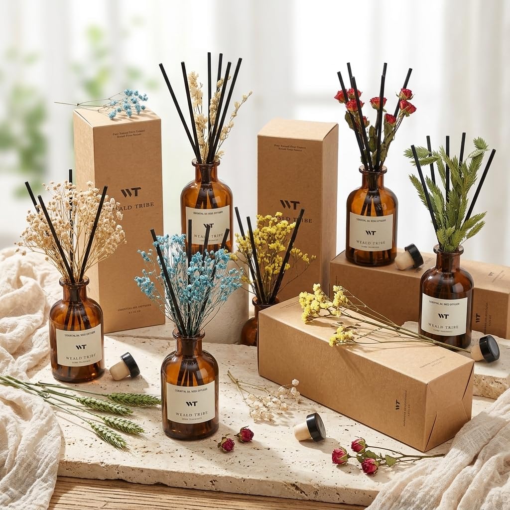 WEALD TRIBE Juego de difusor de flores de junco, aroma a niebla oceánica y sal marina para ambientadores de baño, aceites esenciales de 118.3 ml con barras, desfusores de fragancia para el hogar