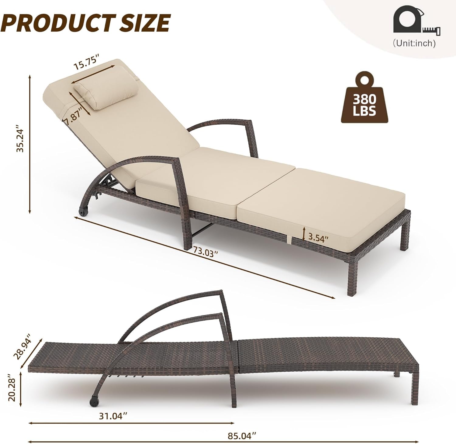 Premium Adjustable Outdoor Chaise Lounge Chair - Weather-Resistant PE Rattan Wicker Patio Sun Lounger With 5-Position Recliner, Thick Cushion & Wheels - Perfect for Pool, Beach, Garden, Deck (Beige)