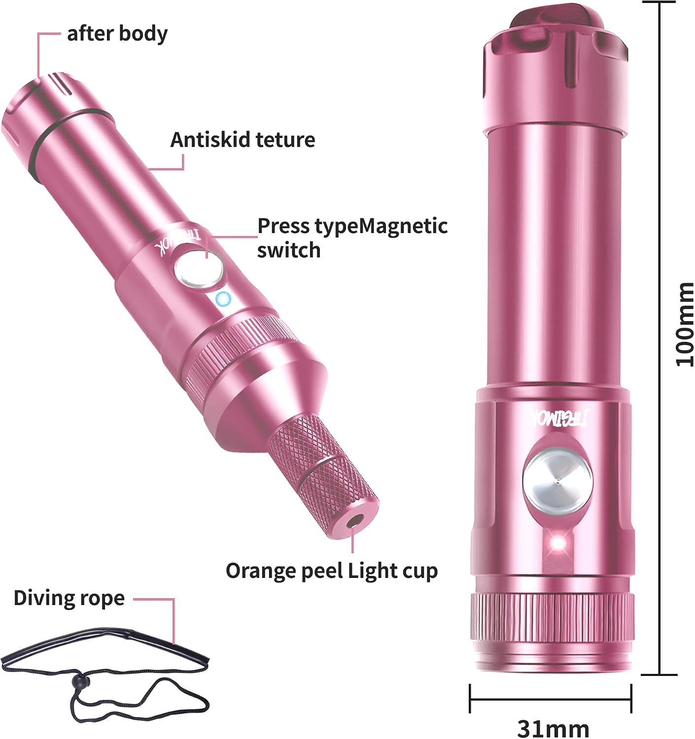 Professional Dive Flashlight for Underwater Photography,3 Adjustable Beam Angles (3°/24°/72°),IP68 Waterproof Certified,Macro Photo Fill Light/Night Diving Spotlight/Deep Diving Gear(Pink)