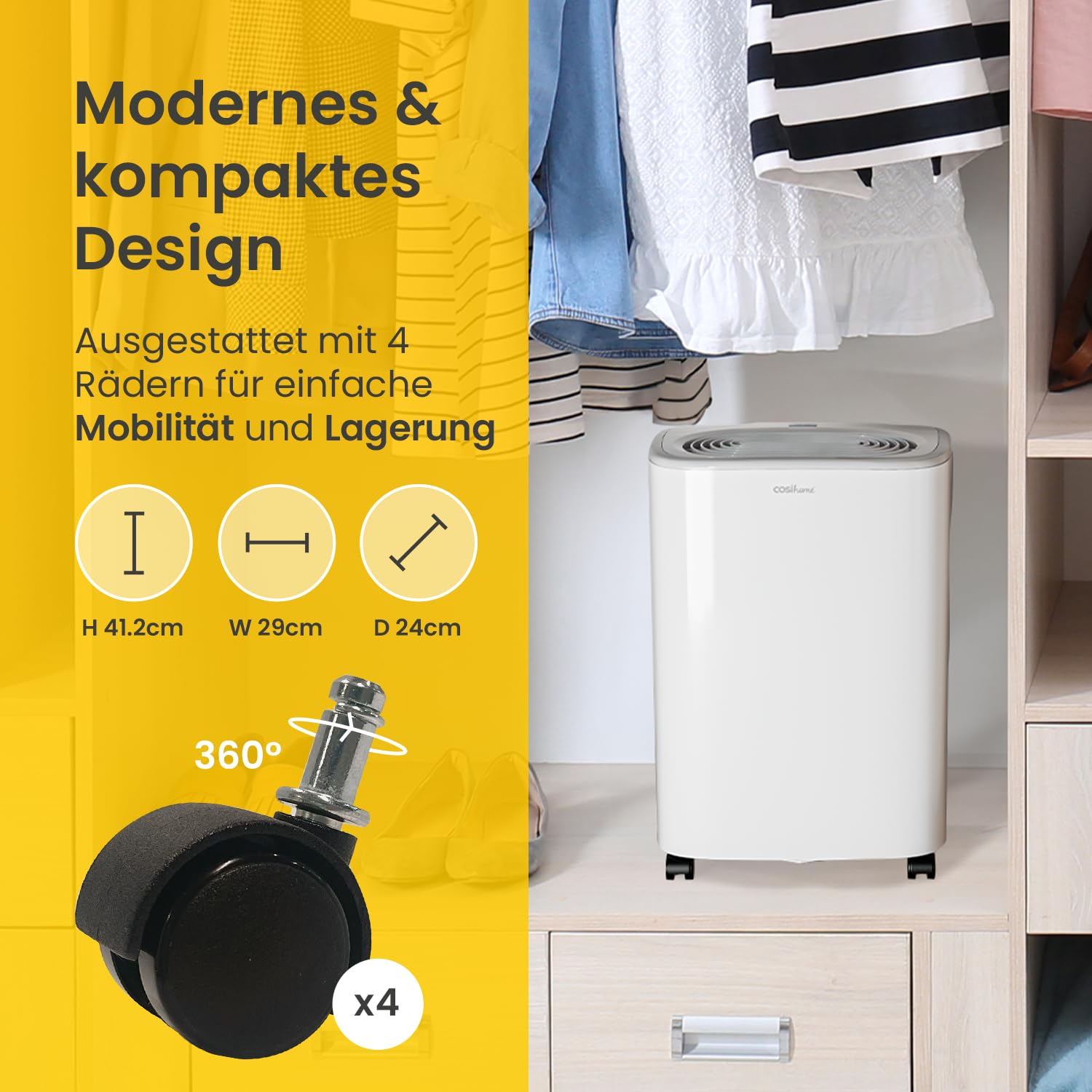 Cosi Home Luftentfeuchter 12L in 24h Entfeuchtungsleistung - Raumgröße ca. 160m³ (~10 m²) - Luftentfeuchter elektrisch mit Feuchtigkeitssensor, Ablaufschlauch, Timer - Gegen Feuchtigkeit, Schimmel
