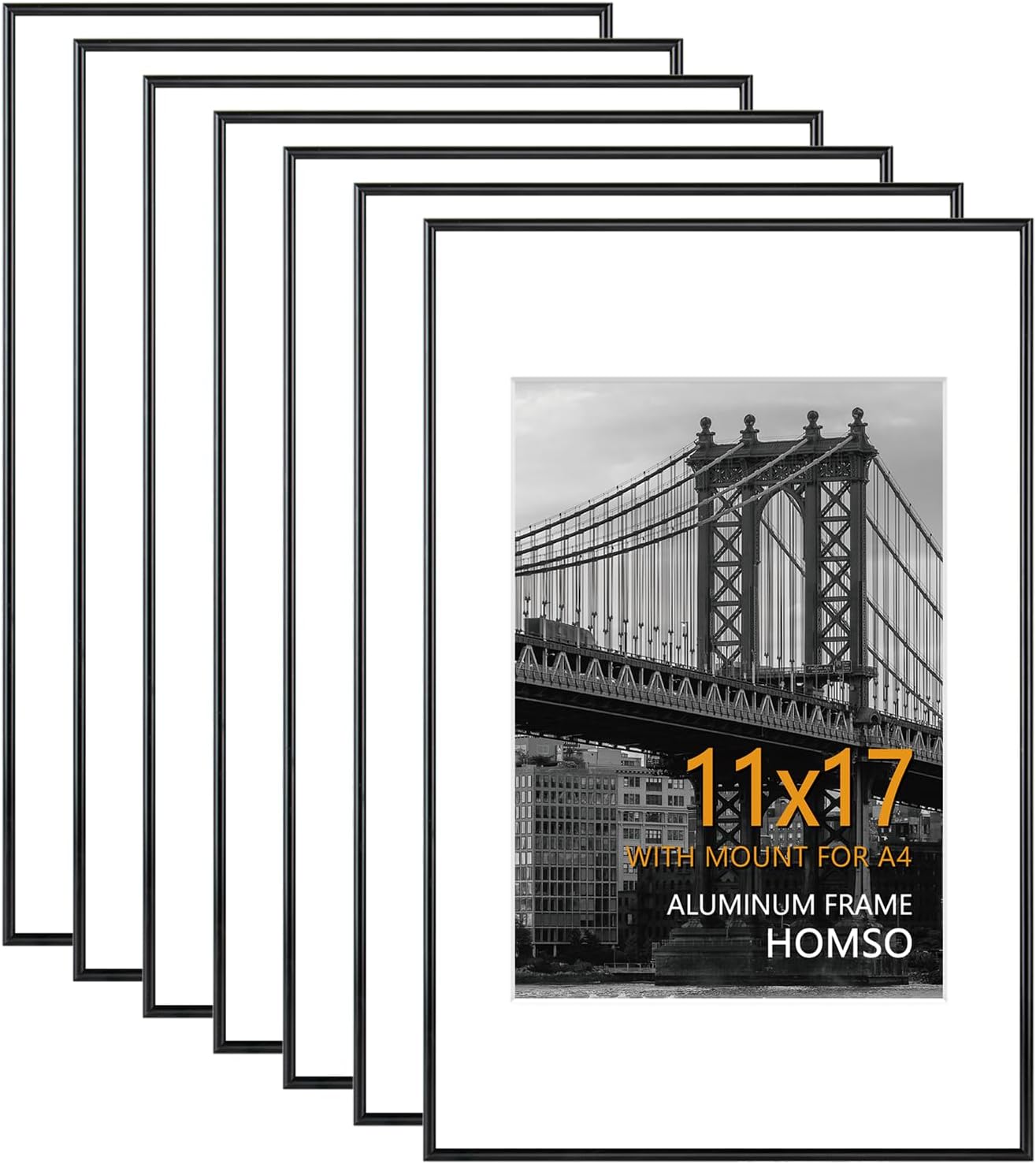 Homso 11x17 Picture Poster Metal Black Frame Set of 7, Display Pictures 8.3x11.7 Inch with Mat or 11x17 Inch Without Mat, Thin Edge with Acrylic Plexiglass for Wall Mounting