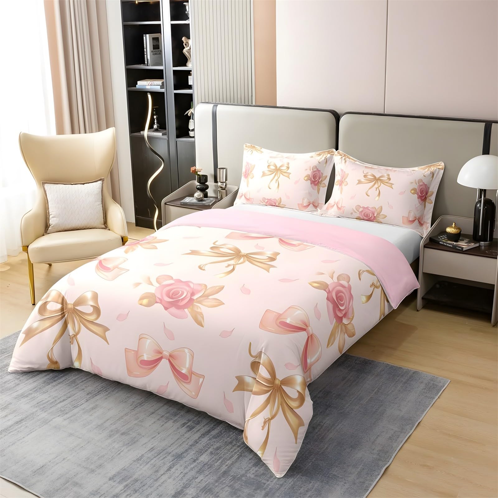 Funda Nordica Cama 90 Infantil Lazo de Rosas Ropa de Cama Oro Rosa Microfibra Suave y Cómoda con Cremallera Funda Edredon 150x200-2 Fundas Almohada 50x75 QA1226