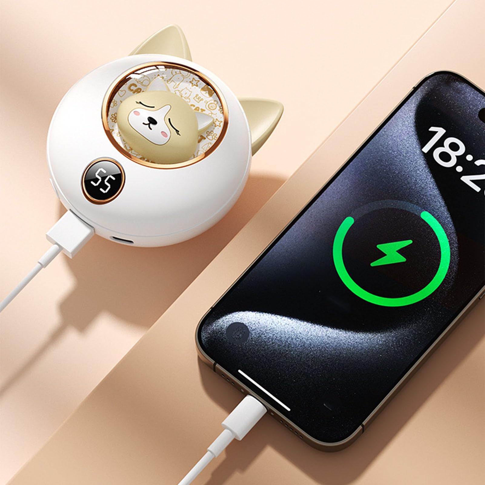 Keenso Chauffe-Mains 2 en 1 3600 MAh avec 3 Contrôles de Température, Chauffage Rapide pour Une Chaleur Instantanée, Chargement USB, Joli Chauffe-Mains pour Les Jours Froids (Chat