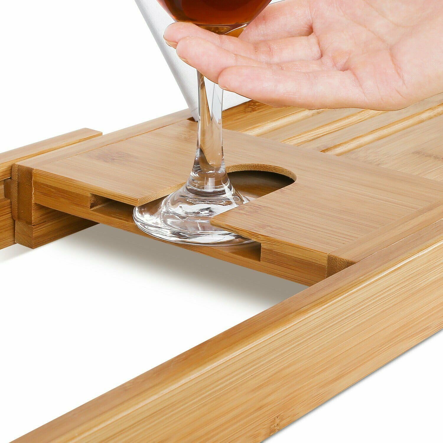 Avilia - Vassoio Vasca da Bagno in Bambù Estensibile 70–104 cm con Porta Calici e Leggio | Accessori Bagno Eleganti per Relax e Organizzazione in Vasca da Bagno