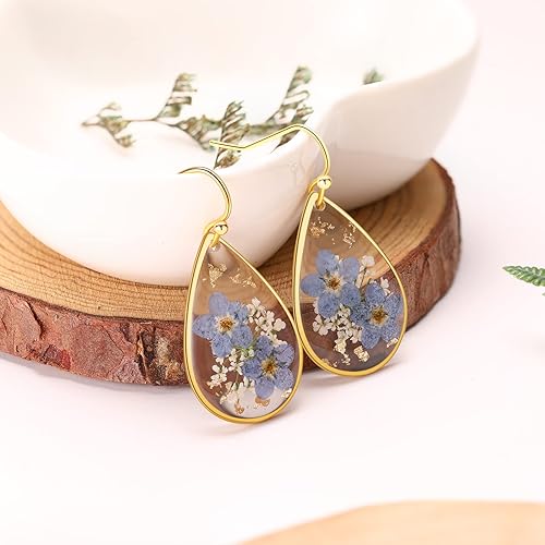 Miniatura 2 de AUNTESIGN Aretes de encaje con flores silvestres prensadas de Anne Forget-Me-Not y Queen Pendientes de flores prensadas Pendientes colgantes