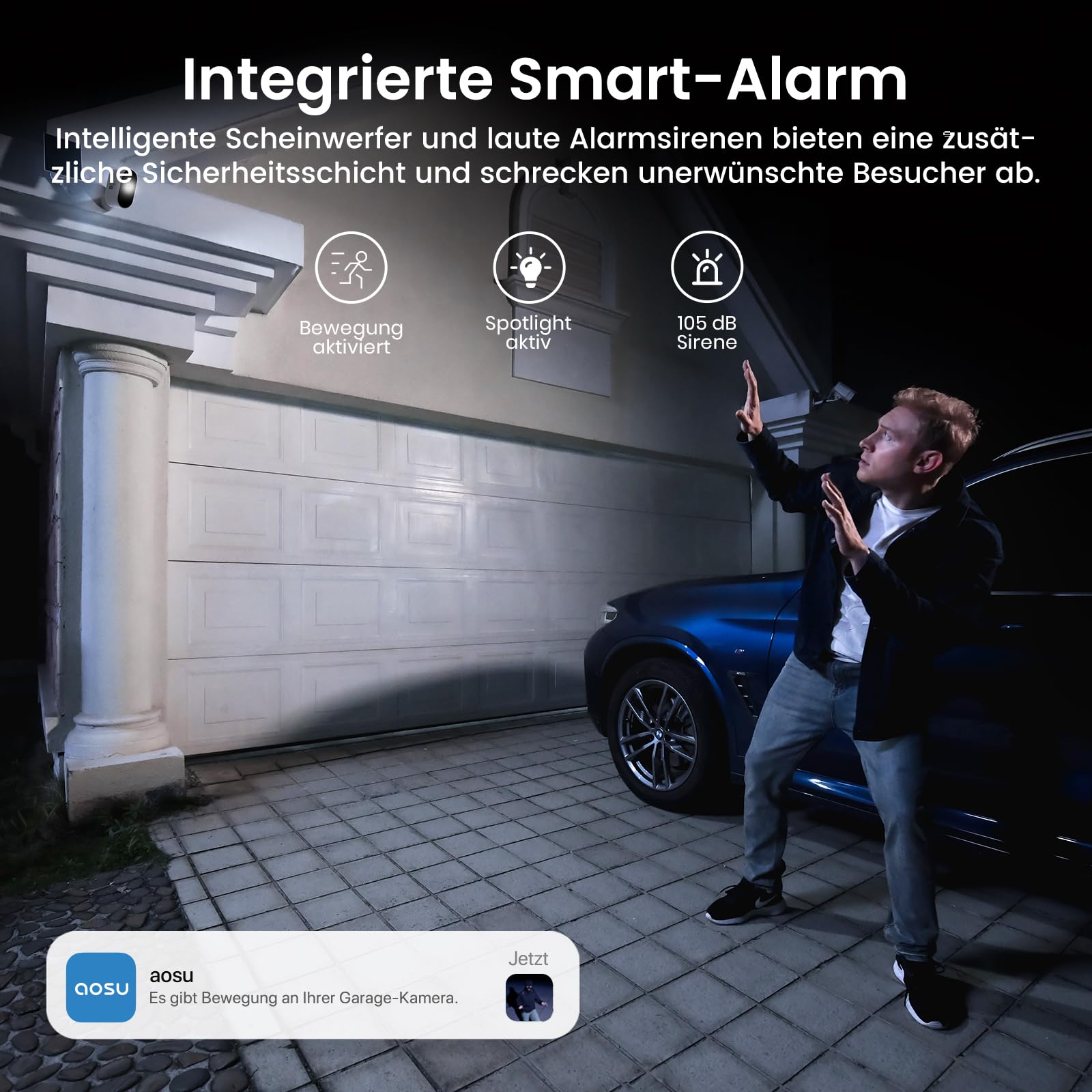 aosu 2K Überwachungskamera Aussen Solar Akku, 32G Lokal, Ohne ABO Nötig | 2 Cam Kit, 166° Weitwinkel, 365 Tage Akku, PIR Personenerkennung, Scheinwerfer, 2-Wege, IP66, für Haus & Garten