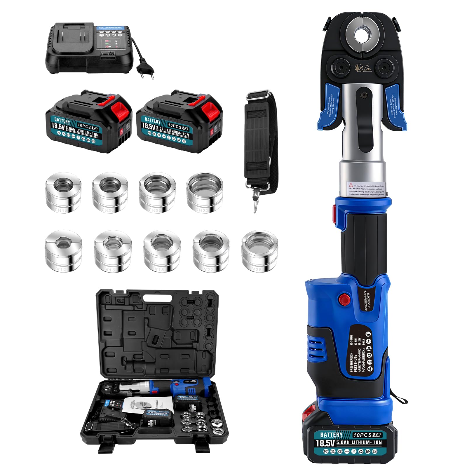 Set di utensili da pressa per tubi a batteria da 18 V, con profilo a V e profilo TH, pinza elettrica in rame, con tubo di rame V15-18-22-28 e TH16-20-26-32, 2 batterie da 5 Ah e caricatore rapido per