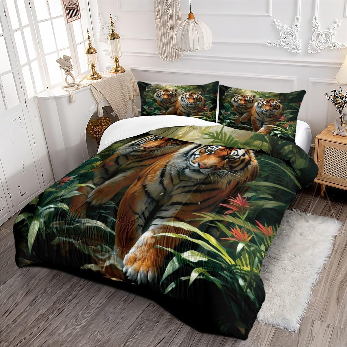 Tiger Bedding Set Twin, Dark Green Comforter Set, Tropical Plants Wildlife Animal Tiger Comforter Set Quilt Cover with 2 Pillowcases for Kids Teens Adults，Twin - Image 2