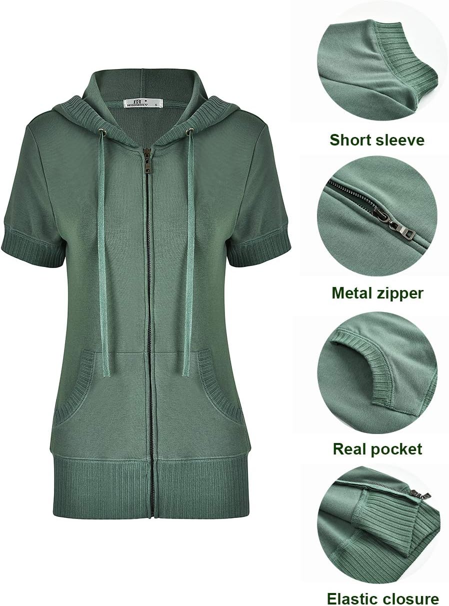 MISS MOLY Women's Short Sleeve Hoodie Full Zip Up Cotton Slim Fit Sweatshirt with Pocket - Image 4