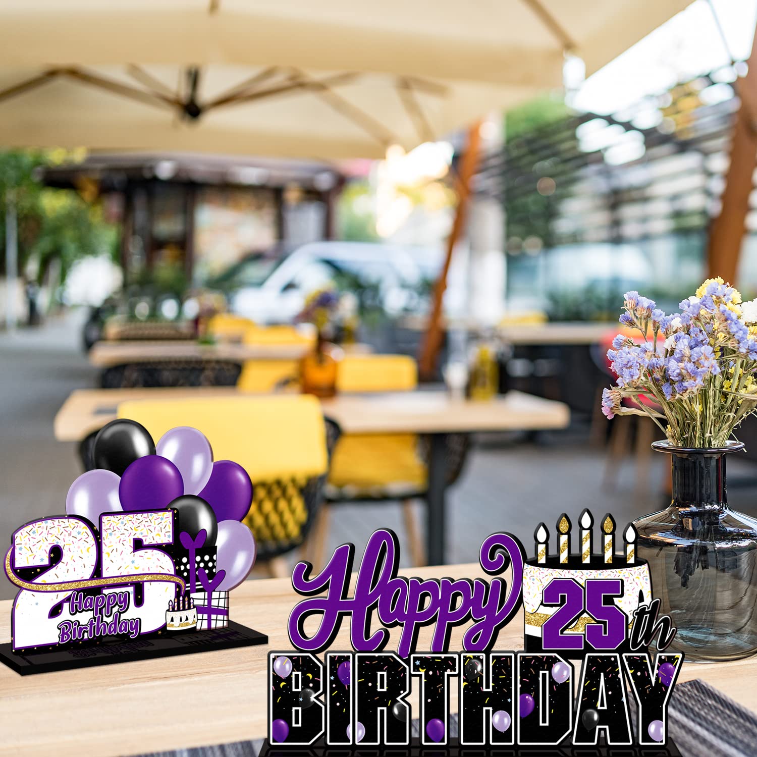 Happy 25th Birthday Table Toppers - 2 Pack Black & Gold Balloon Acrylic Centerpieces For Party Decor - View #6