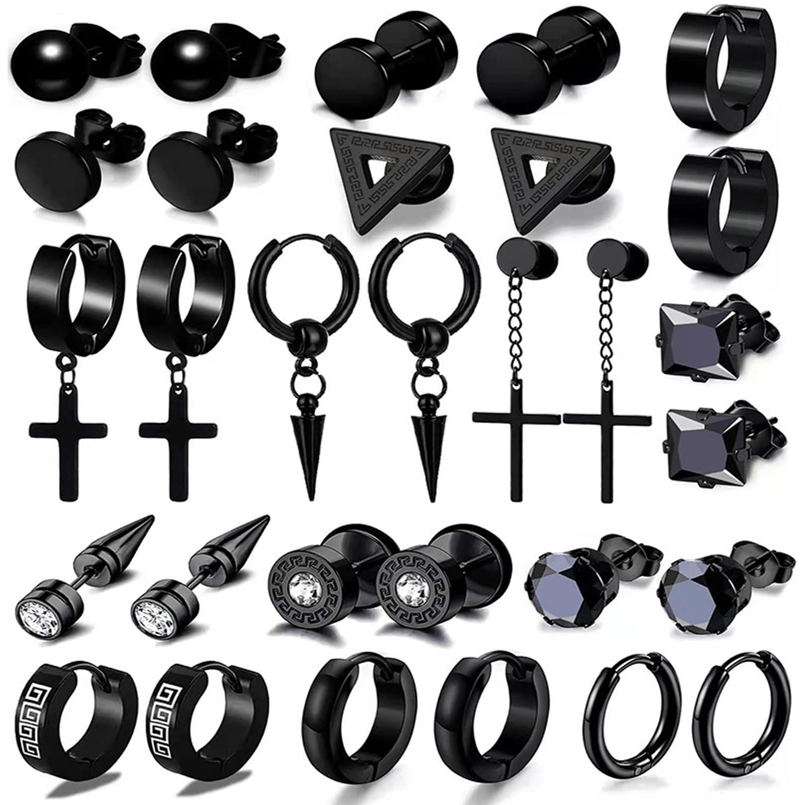 JSTHHTT 15 Paia Orecchini Uomo Cerchio, Orecchini a Cerchio, Punk Orecchino, Croce Pendente (Nero)