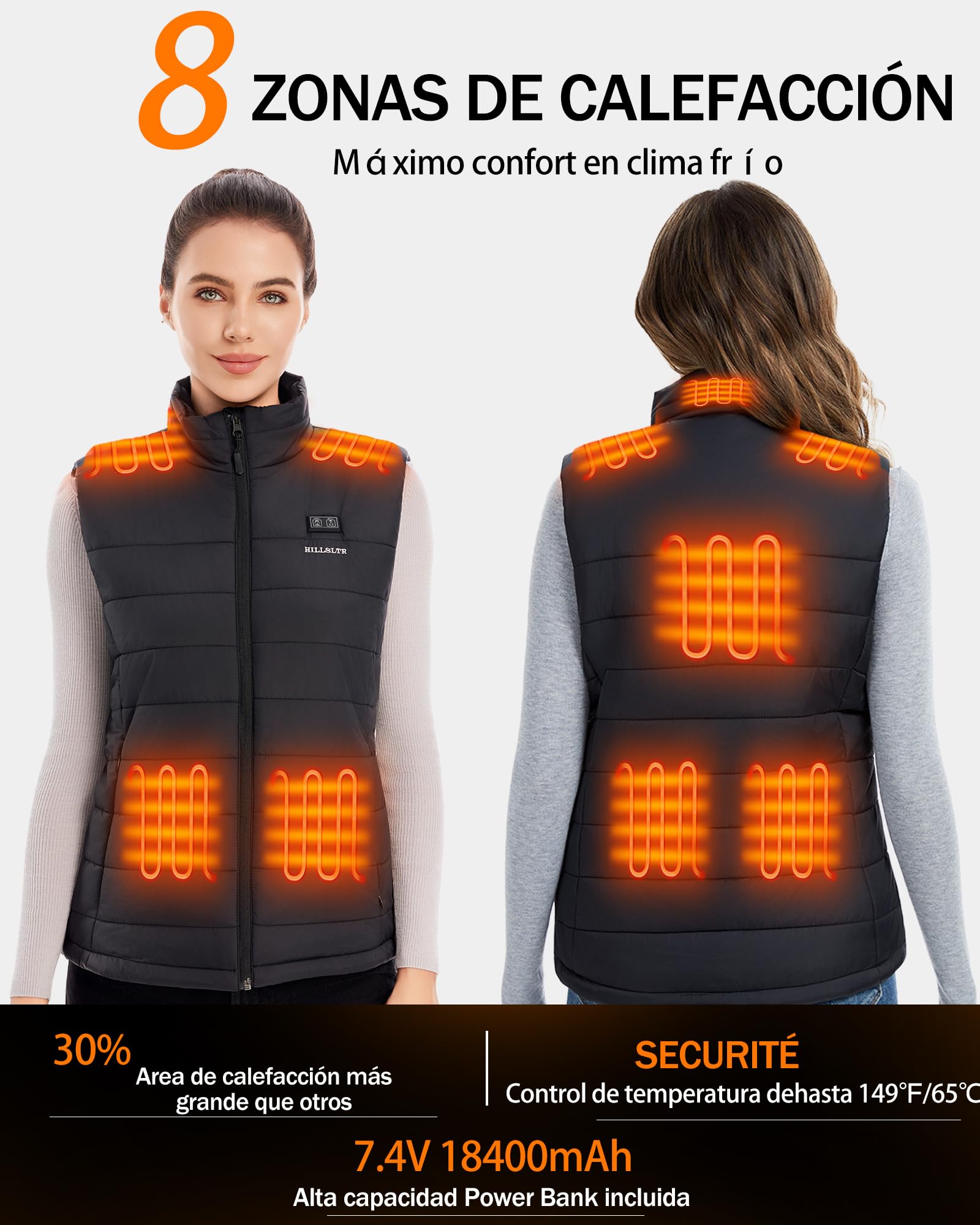 Chaleco Calefactable Mujer con Batería 7.4V 18400mAh – Chaleco Térmico Eléctrico, ligero y Lavable a Máquina, 8 Zonas de Calor Chaleco para Invierno