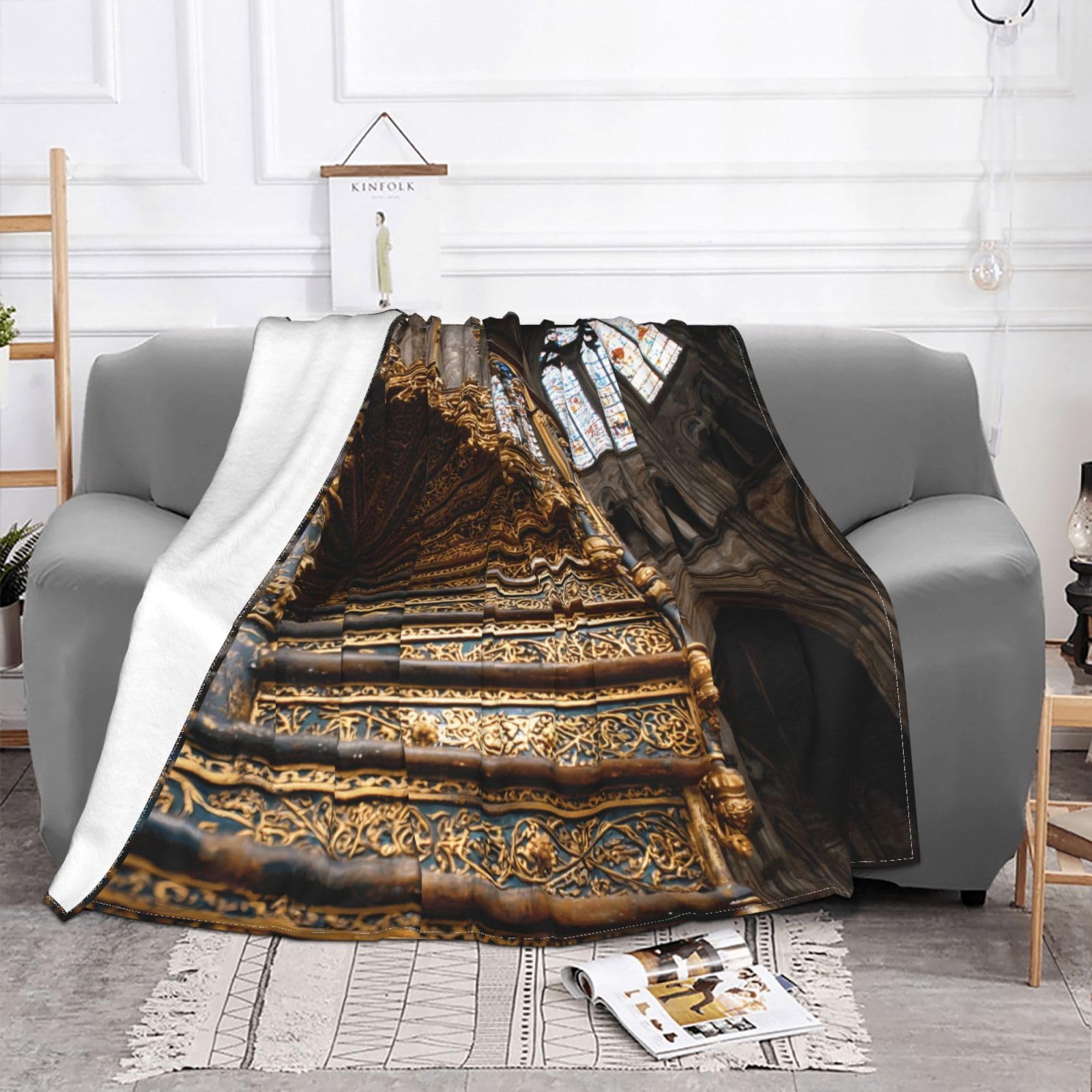 Manta de viaje portátil de 80 x 60 pulgadas, suave, resistente a las arrugas, plegable, exquisita impresión de escaleras doradas