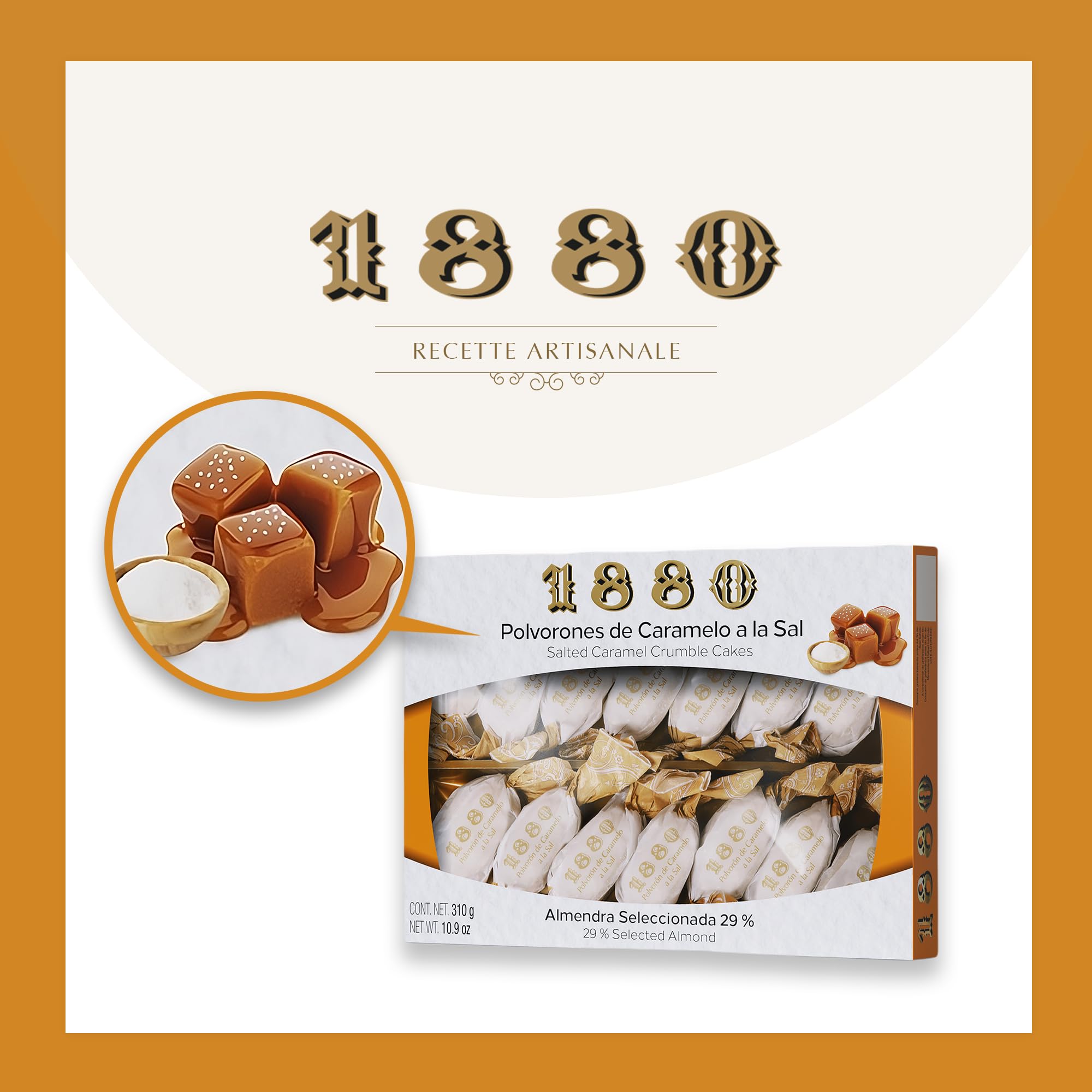 1880 - Sablés Caramel Salé, Qualité Suprême, Douceur typique de Noël, Recette Artisanale, Boîte Unique, Polvorones Traditionnels, Fabriqués avec des Amandes Sélectionnées, 280 Grammes