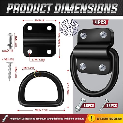 Miniatura 3 de PAMAZY 4 anillos en D de acero resistente, anclajes de amarre ultraduraderos de 3500 libras, resistencia a la rotura, ganchos de montaje en
