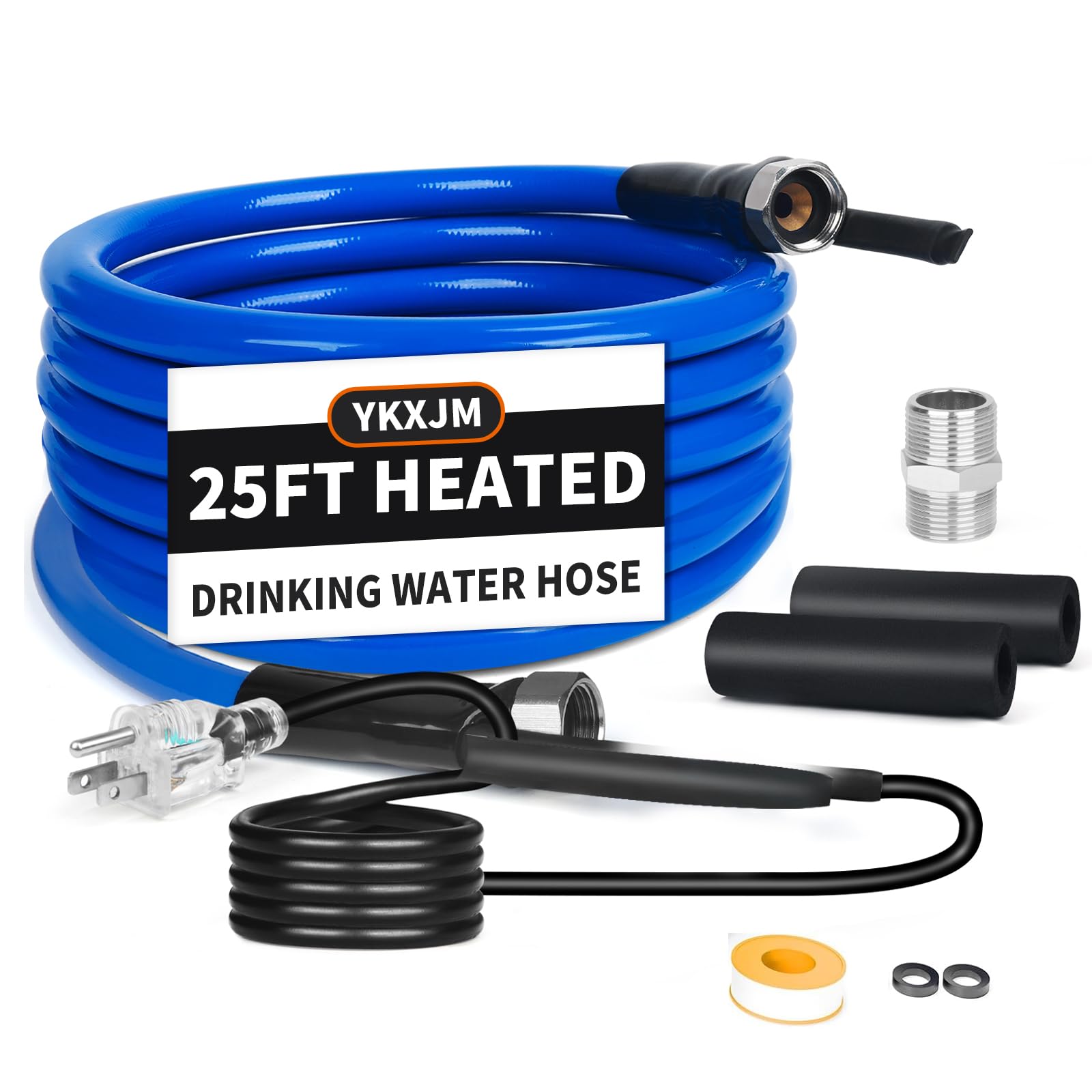 YKXJM 25FT Heated Water Hose for RV,Heated Drinking Water Hose with Thermostat,Lead and BPA Free,1/2" Inner Diameter,Temperatures Down to -40°F