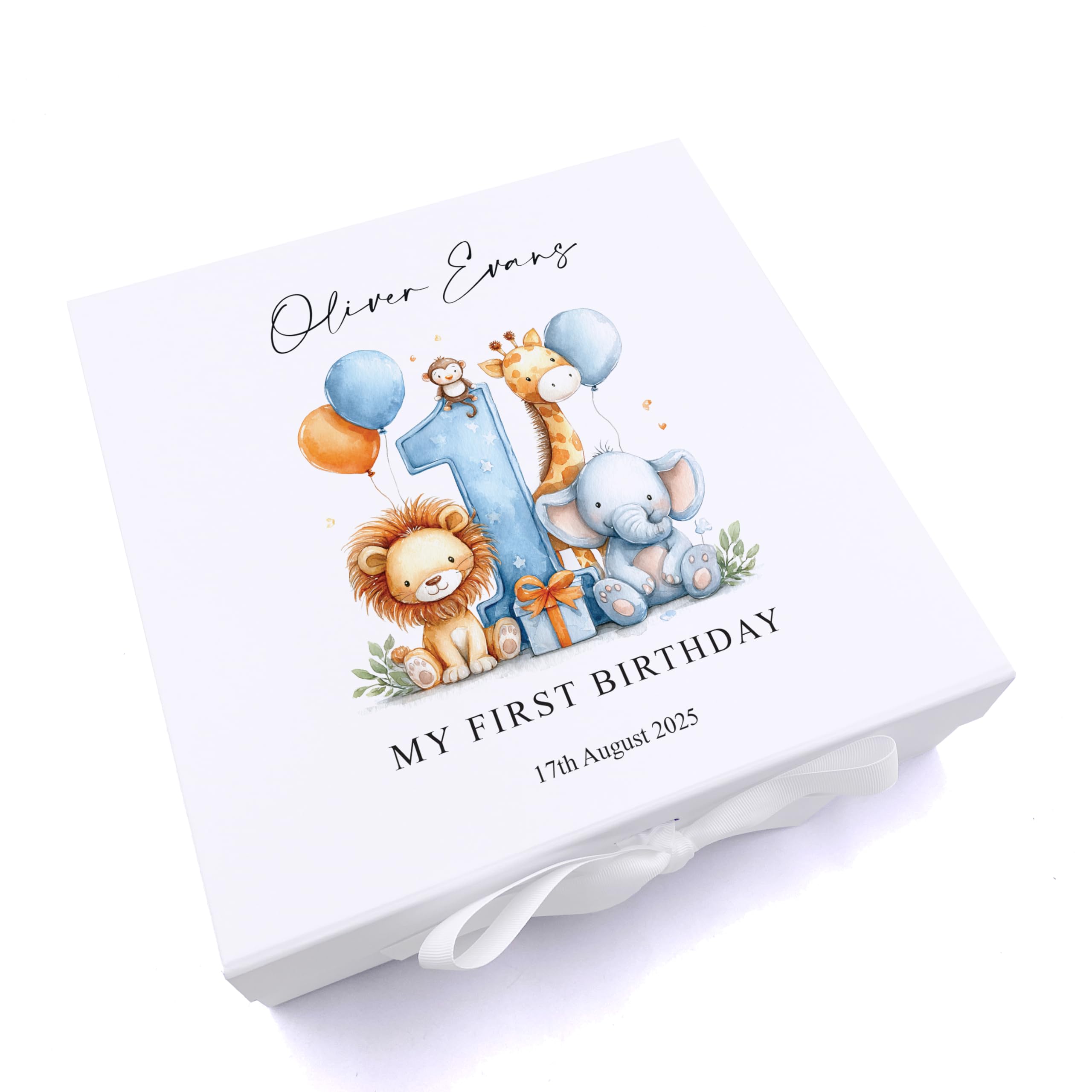 Personalised First Birthday Memory Box, Safari Animals Theme Keepsake Gift (Blue)