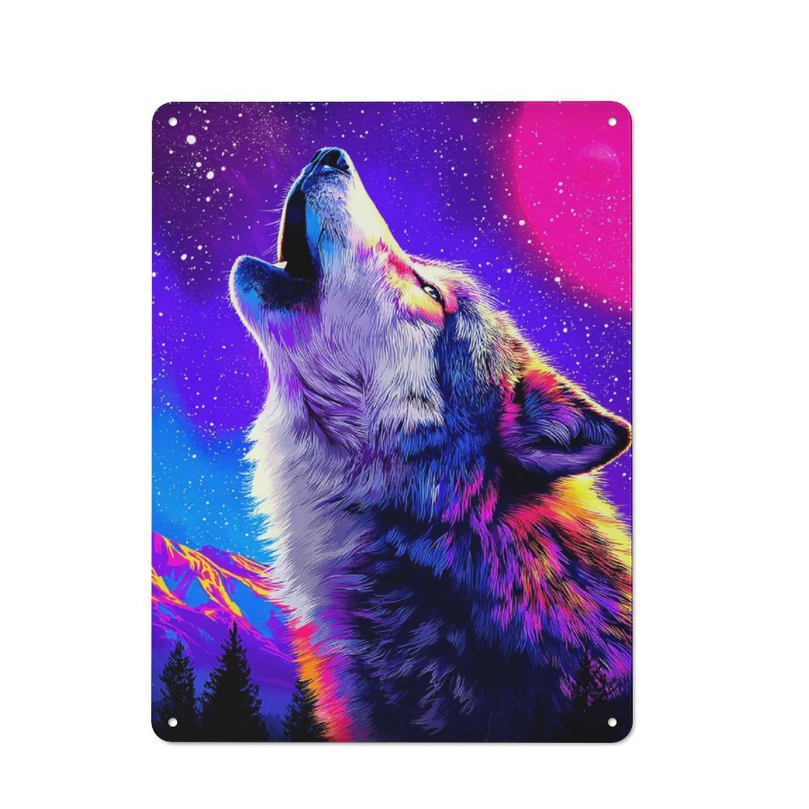 Junmoney Neon Wolf Howling At The Moon Decorative Tin Plaque 40X30cm, Vintage Bar Wall Plaque For Bar, Kitchen, Garage Or Games Room