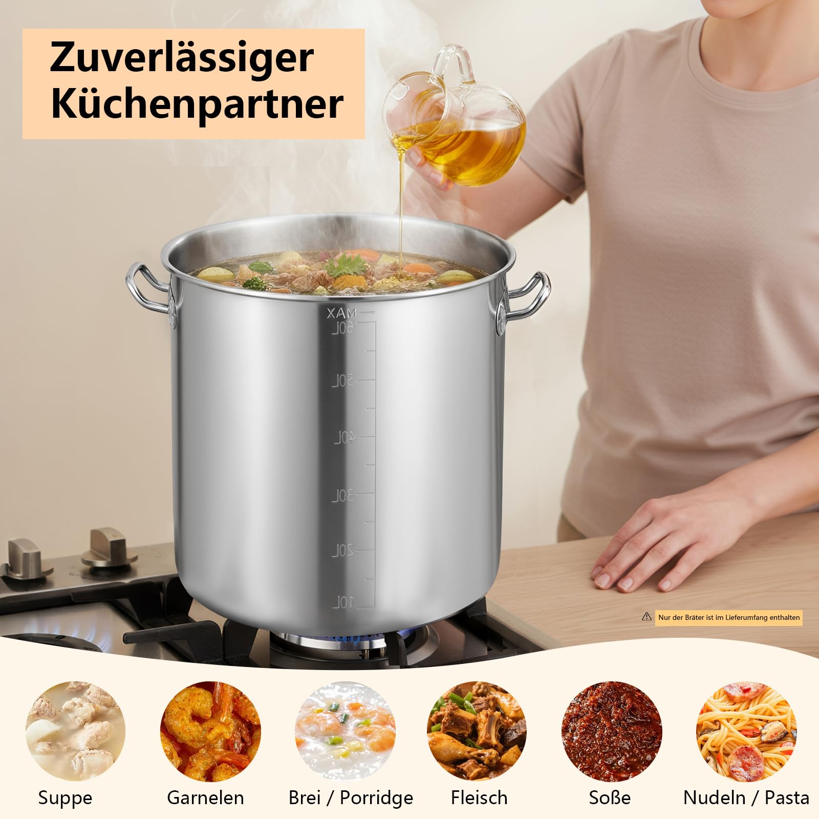 Edelstahl Suppentopf 70L, Kochtopf Groß Induktion mit Griffen, Ø 45cm, Hohe: 45cm, Sinkendeckel, Polierte Oberfläche, für Gasherden, Elektroherden, Induktionsherden