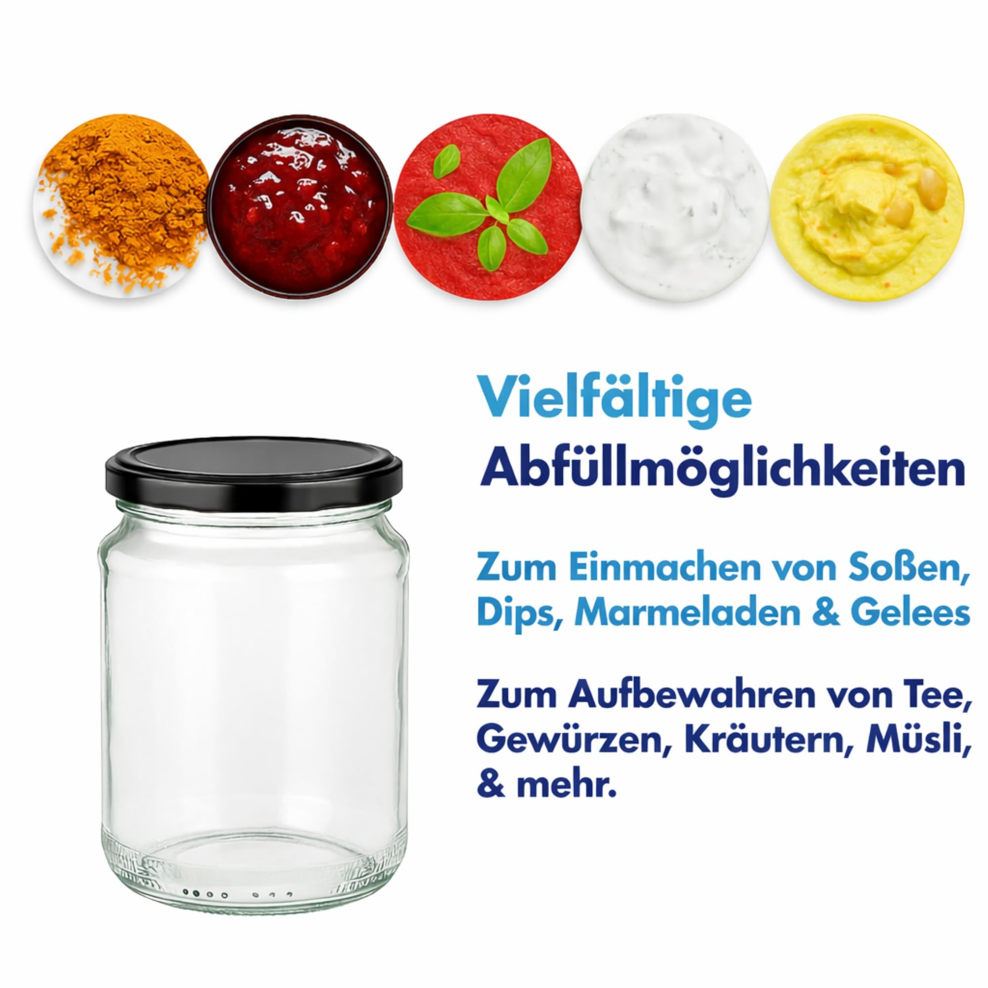 6er Set Einmachgläser 375 ml mit Twist-Off Deckel Ø 63 mm – Dickwandige, luftdichte Dessertgläser, spülmaschinenfest, ideal für Marmelade & Eingemachtes - Schwarz
