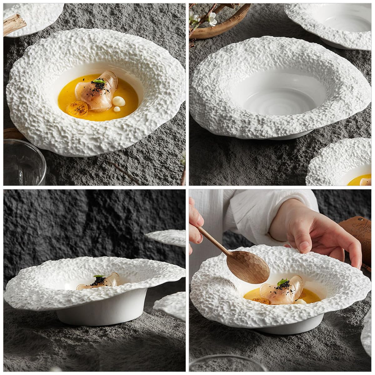 Veemoon Assiette Creuse en Céramique 10 Pouces Motif Pierre Bol Chapeau de Paille Plat de Service Profond pour Pâtes et Salades Assiette à Dessert Polyvalente Cuisine et Buffet