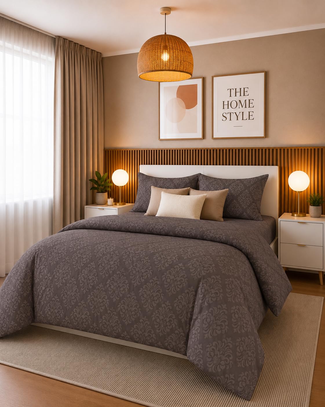 THE HOME STYLE Supersoft Glace Cotton Elastic Fitted All Around King Size Printed Double Bedsheet with 2 Pillow Cover & King Size Comforter/Duvet/Blanket (72"x78" + Comforter, Mocha Barocca)