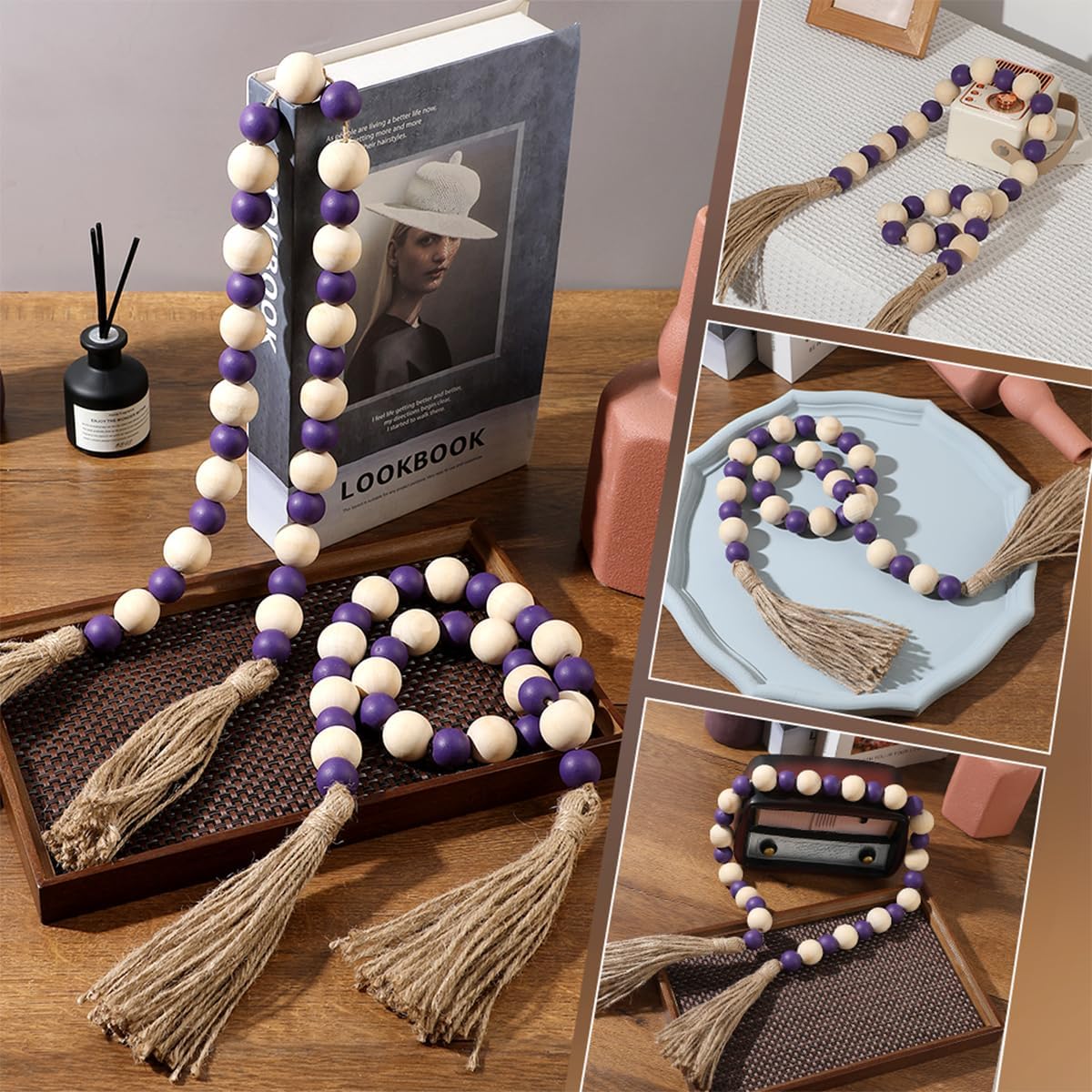 Handcrafted Farmhouse Wooden Decorative Beads Garland - Boho Natural Wood Beads with Tassel for Table Tray Mantel Shelves Decor, Rustic Vintage Garland Beaded Decor for Home & Event (32 Inches)