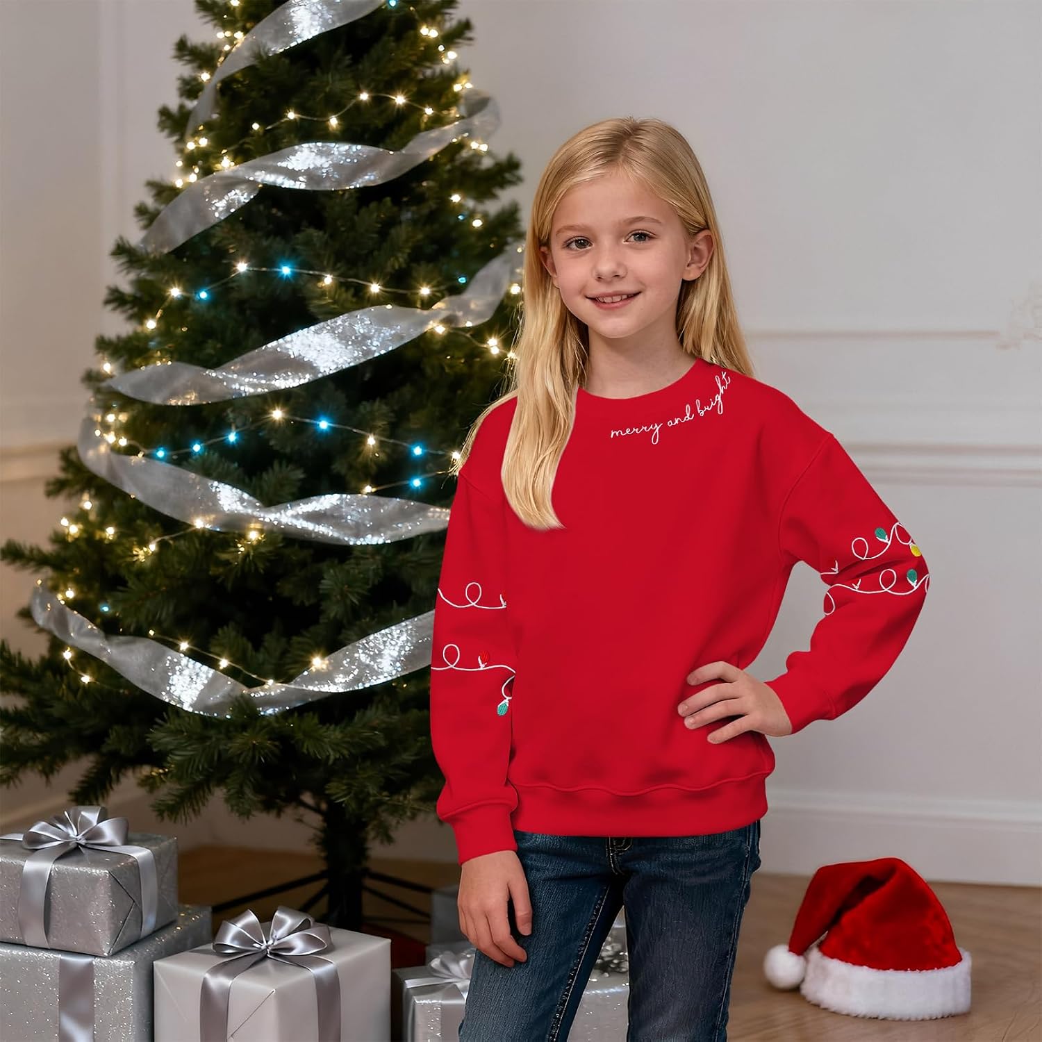 KEKEMI Kid Girls Christmas Sweatshirts Embroidered Merry and Bright Shirts Xmas Lights Pullover Holiday Tops Winter Clothes