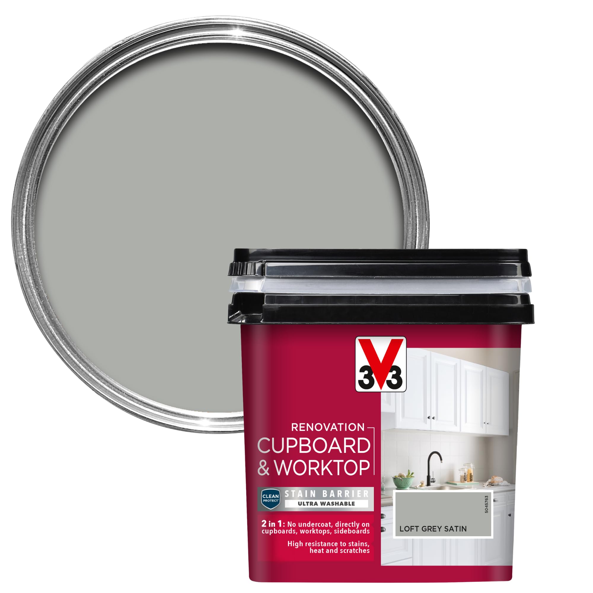 V33 Loft Grey Renovation Cupboard & Worktop Paint - No Undercoat Needed - High Resistance To Water Stains & Scratches - Ultra Washable - Satin 750Ml