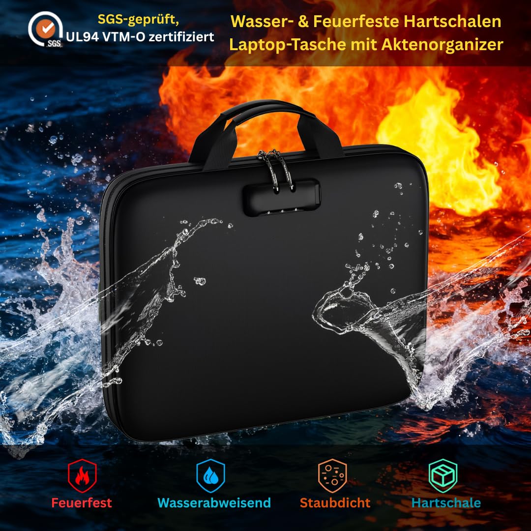 FireMat Feuerfeste Dokumentenmappe mit Hartschale – Aufbewahrungsbox mit Zahlenschloss, wasserfest, 13 Fächer, UL-94 zertifiziert, für A4 Dokumente, Pässe & Laptop (28,5 x 38,5 x 7,5 cm)