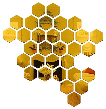 Wall1ders Hexagon-Golden (Hexagon Size 10.5 x 12 cm, Pack of 31) Hexagon mirror wall stickers, mirror stickers for wall, hexagonal mirror wall sticker for hall room, living room, bed room, kitchen, Home & Offices.