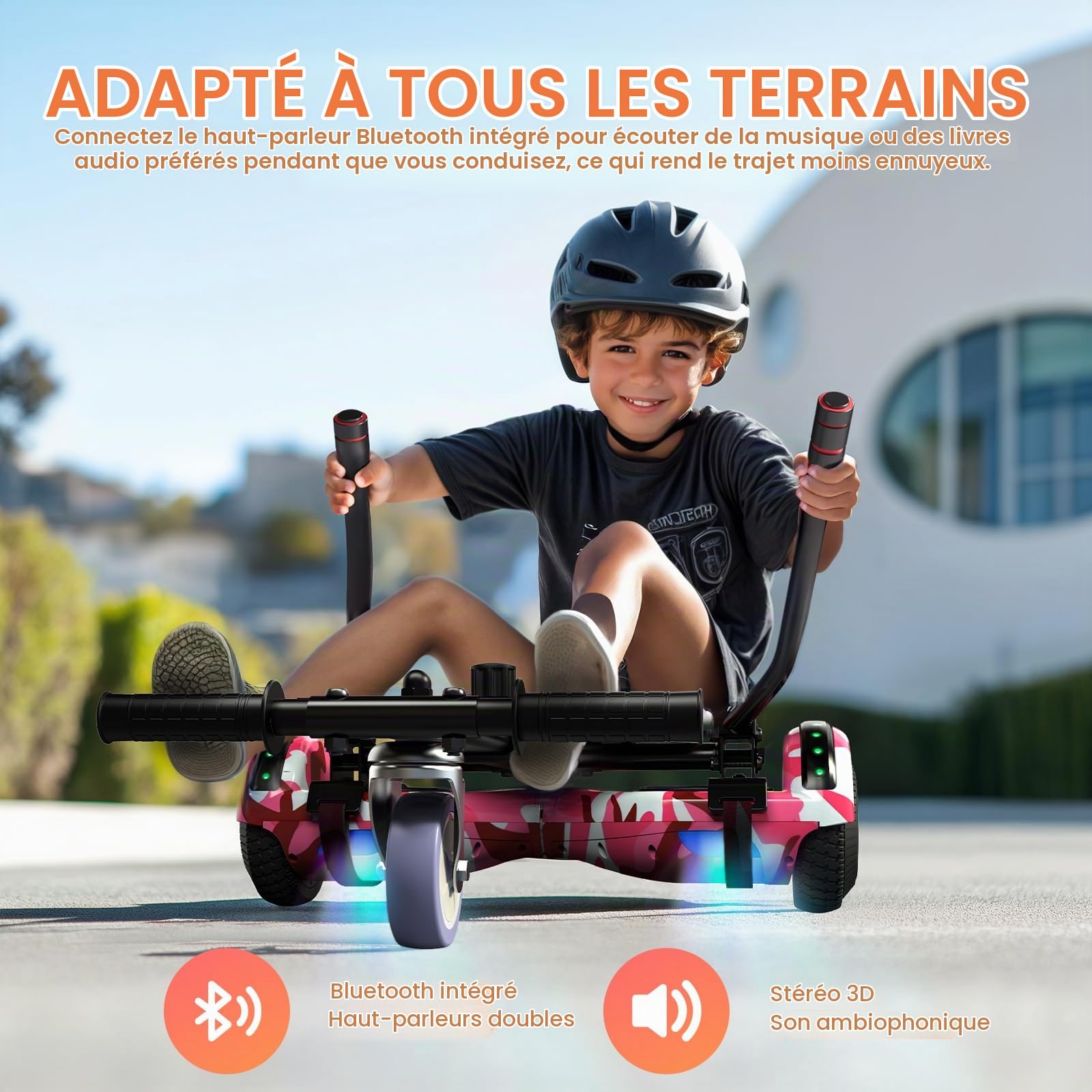 SISIGAD Hoverboard avec Kart, Go Kart 6,5 Pouces, Hoverboard Tout Terrain Auto-équilibré avec Haut-parleurs Bluetooth et Lumières LED, Cadeau pour Enfants, Rose Camouflage