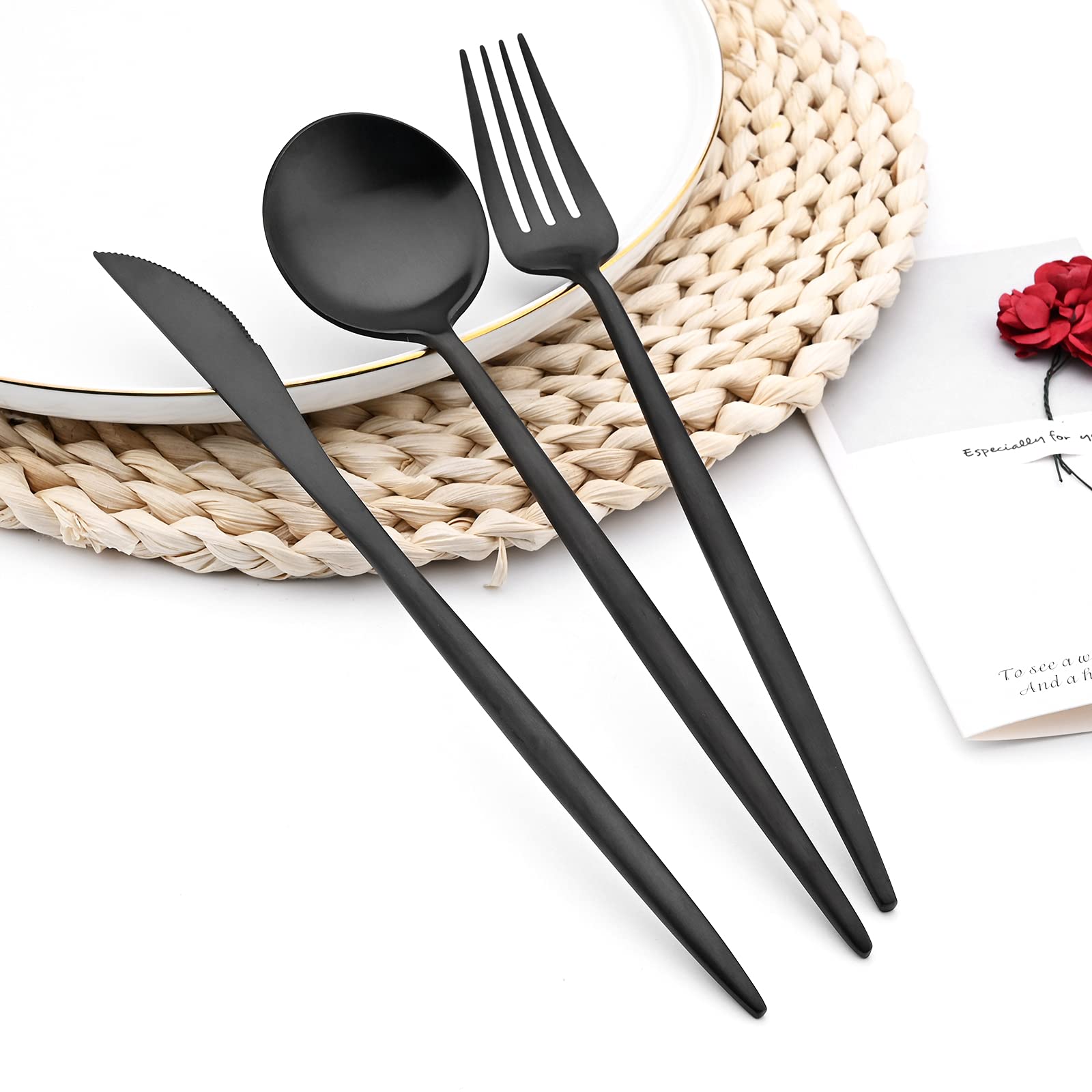 Juego de cubiertos de acero inoxidable 18/10 de 30 piezas, juego de cubiertos pesados mate, ideal para cenar en casa, pareja, restaurante, banquetes, servicio para 6 personas (color negro)