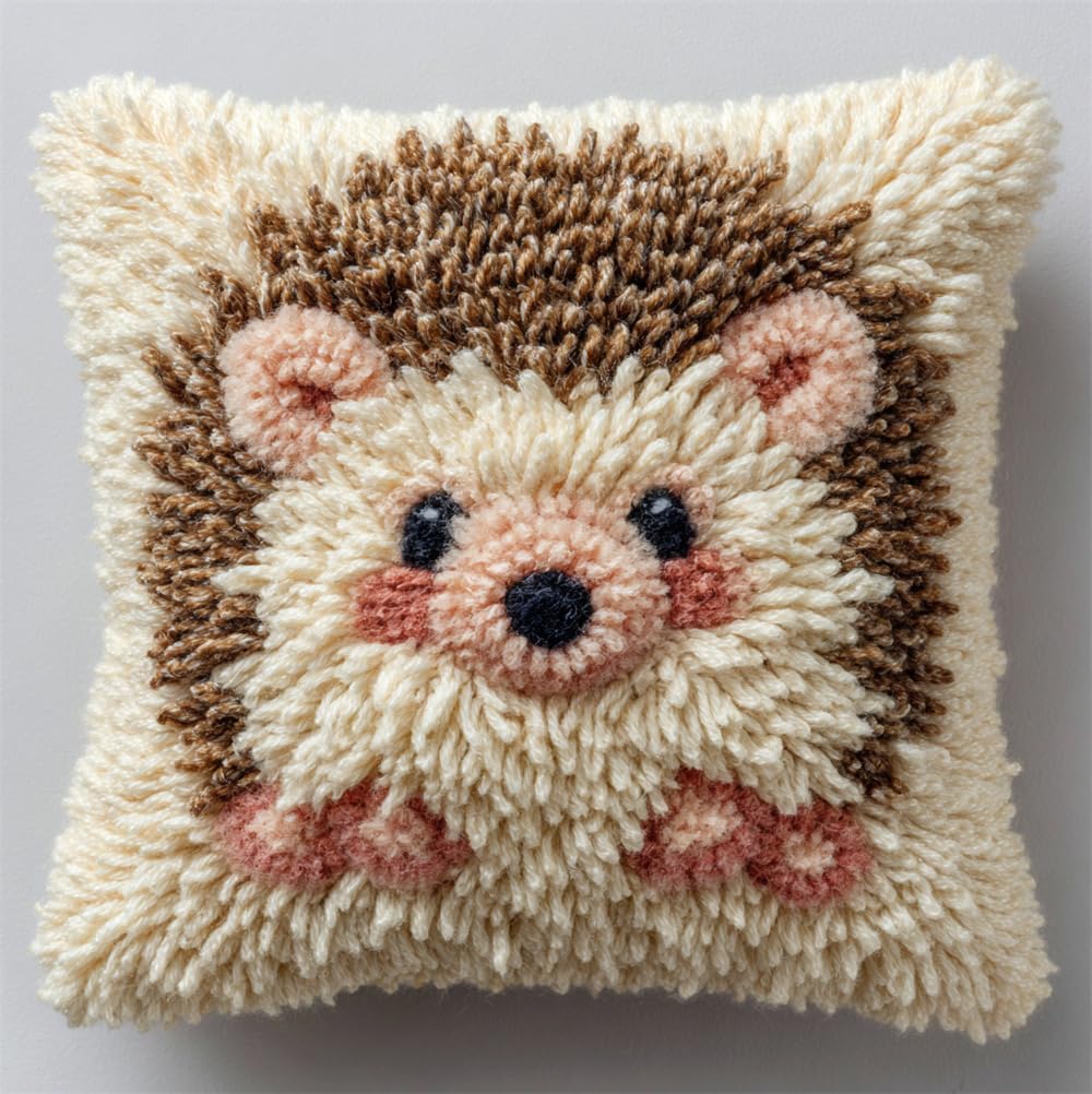 Taxpy Animal Cross Stitch Latch Hook Sofa Cushion Cover,Snow Hedgehog,3D Pre-Printed Pillow Case Latch Hook Embroidery Pillow Cover Kits with All Tool Fit for and Adults,17X17Inch