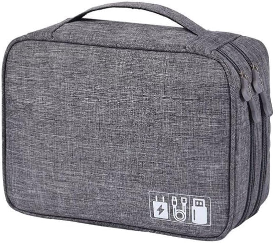Electronic Accessories Bag 3-Layer Waterproof Gadget Storage Bag Universal Travel Case for Small Electronics and Cables, Adapter, Battery, Phone, Camera and More (Grey)