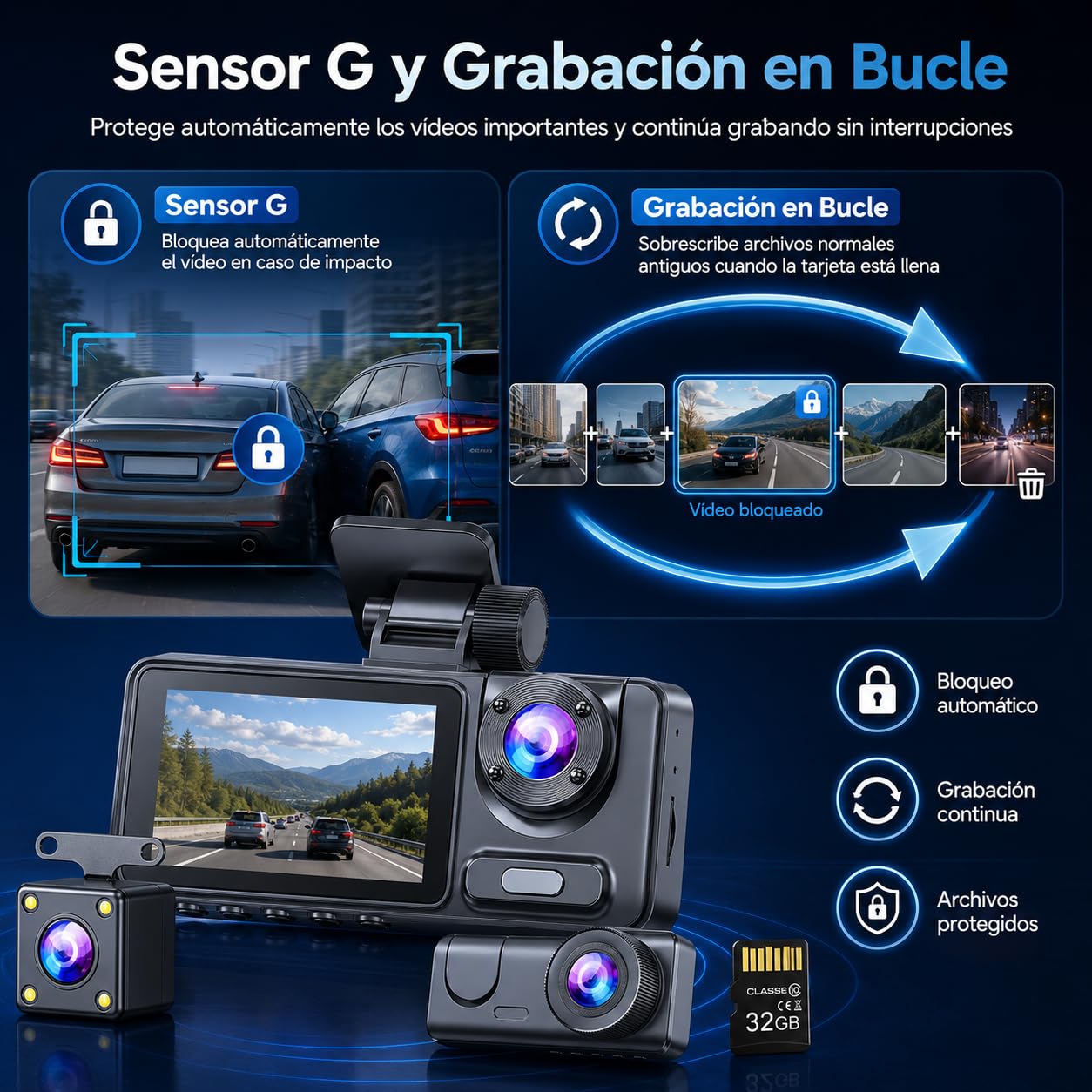 Dashcam 4K para Coche 3 Canales, Cámara Delantera Interior y Trasera con WiFi, Tarjeta 32GB, Pantalla IPS 2.0", Gran Angular, Visión Nocturna, Sensor G, Grabación en Bucle y Modo Parking 24H