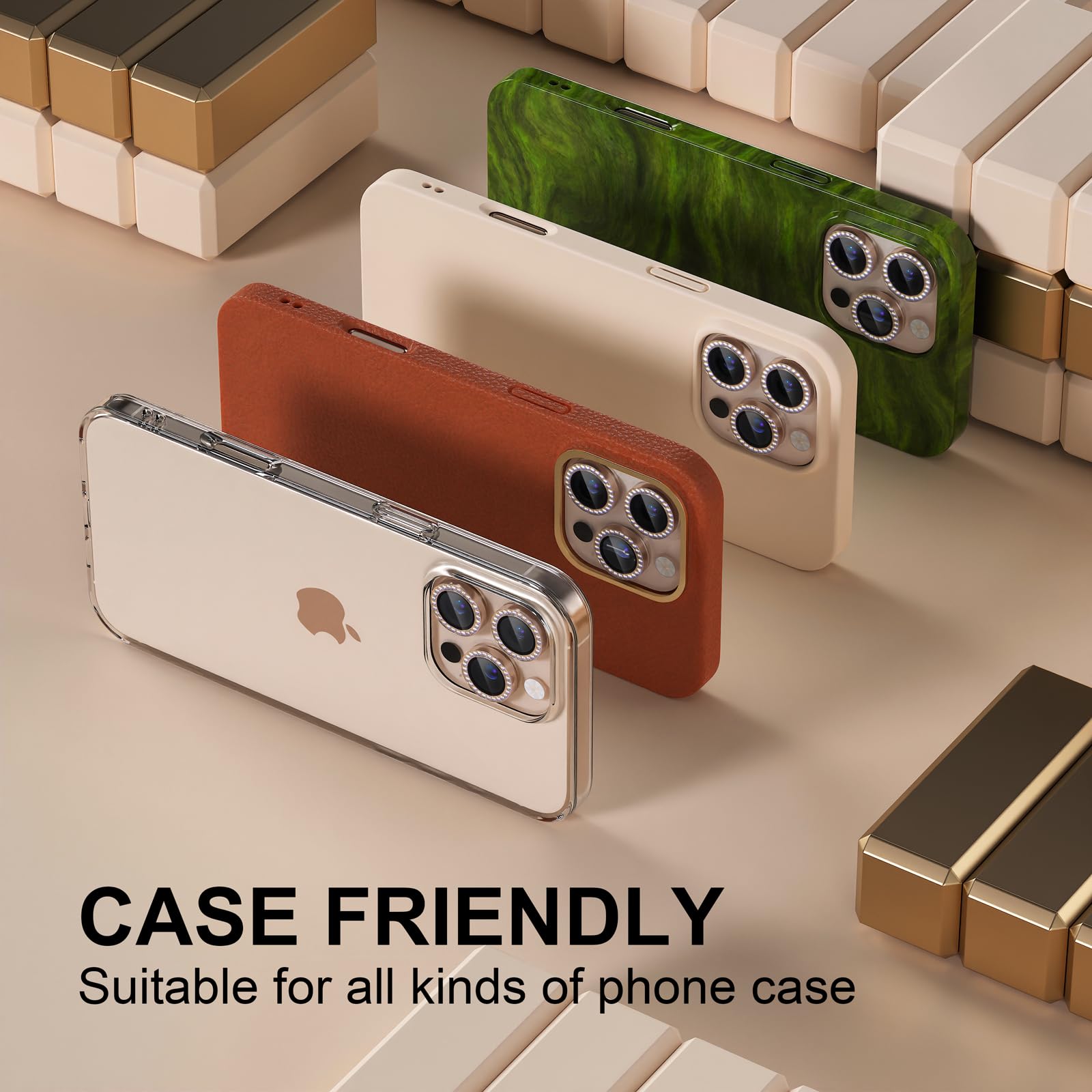 Misea Protector de lente de cámara compatible con iPhone 16 Pro/iPhone 16 Pro Max, protector de pantalla de vidrio templado 9H, accesorios de anillo individual de metal, diamante de titanio desierto
