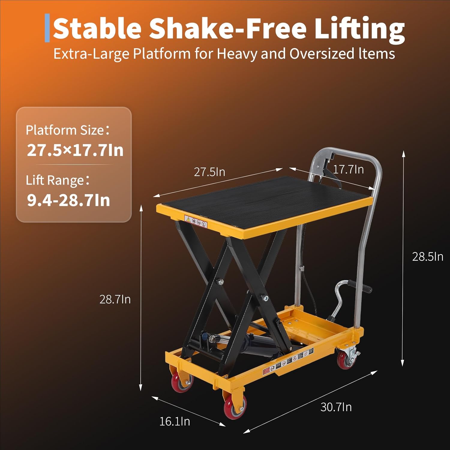 garveetech hydraulic lift table cart,330lbs capacity 28.5\" lifting height,manual single scissor lift table with non-slip pad, 4 wheels & reflective strips,for material handling & transportation blue