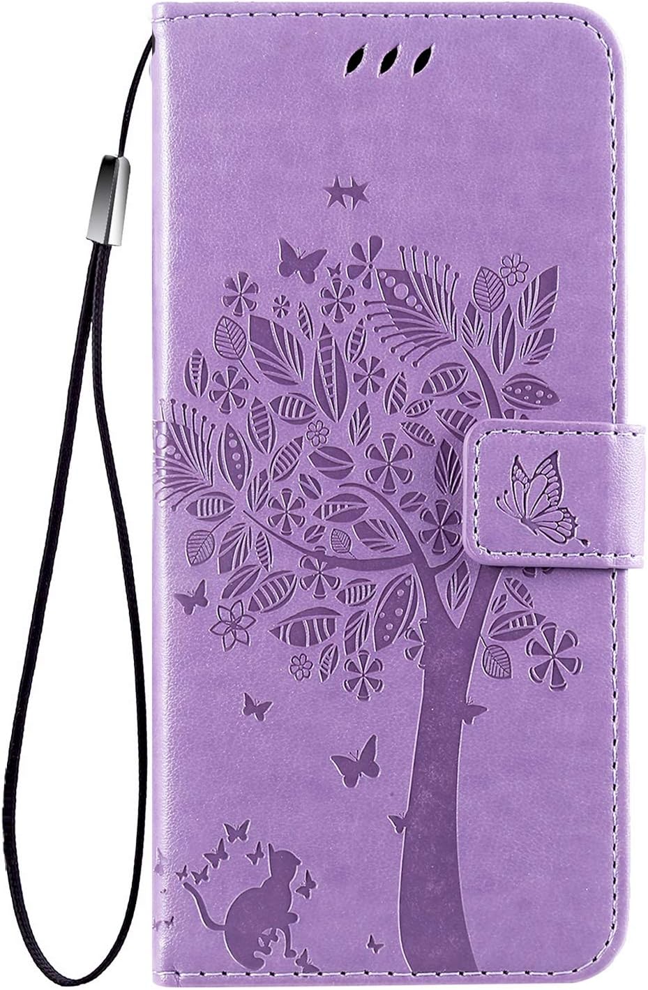 HAOTP PU Leather Protective Case Emboss Love Tree Cat Folio Magnetic Card Holder Kickstand Flip Case for Samsung Galaxy A72 5G, Light Purple