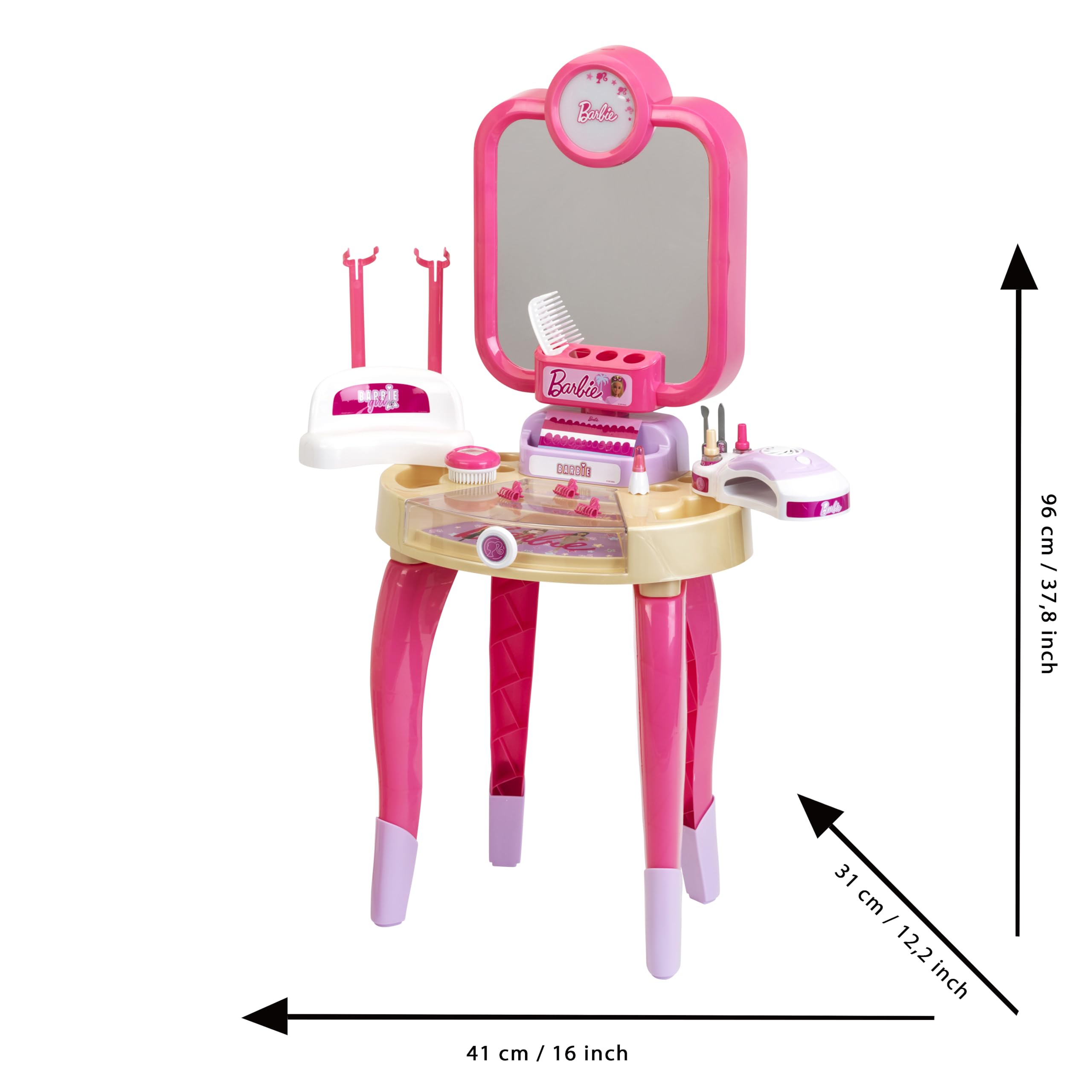 Theo Klein 5721 Barbie Salone di Bellezza Atmosfera Felice, Salone di Bellezza con Specchio Rotante e Luce, Toeletta con Accessori, Giocattolo per Bambini dai 3 Anni