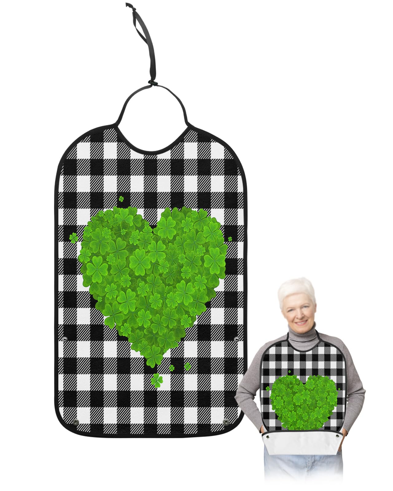 LEOKOTI St. Patrick's Day Adult Bibs for Eating, Waterproof Bibs with Food Catcher & Adjustable Snap Closure, Black White Checkered Lucky Clovers Love Heart Clothing Protectors Adult Bibs for Elderly