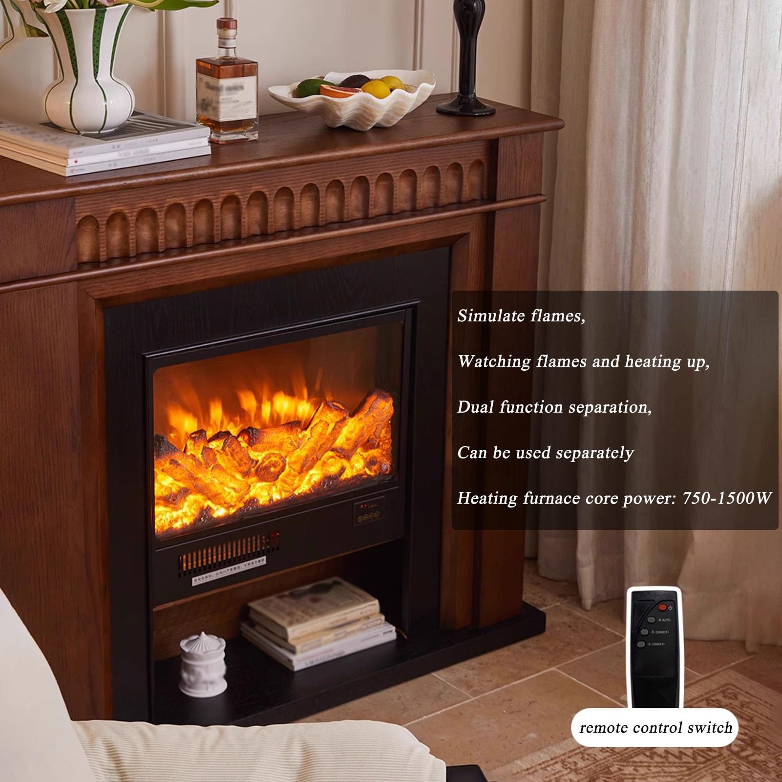 Mobile Decorativo Per Caminetto Elettrico In Legno Massello | Soggiorno Fiamma simulata 3D, registro realistico ed effetto fiamma, con telecomando(100cm/39.3in)