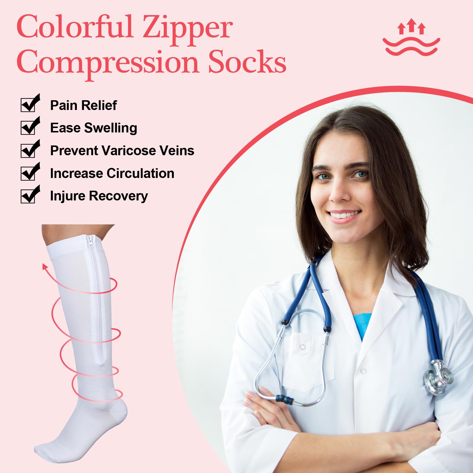 Tarpop 4 Pairs Women Zipper Compression Sock Colorful 20-30mmhg Compression Stockings with Zipper for Women Swelling Edema(S/m)