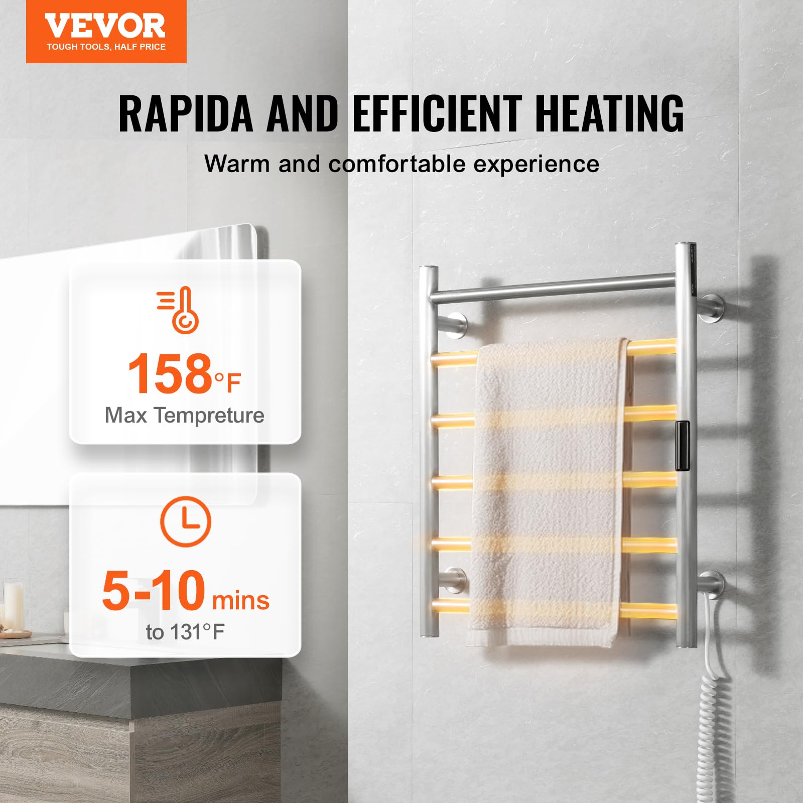 VEVOR 6 Bars Towel Warmer Rack, Wall Mounted Heated Towel Rack for Bathroom, IPX5 Waterpoof Towel Heater Rack with Timer & LED Display Screen, 5 Levels Adjustable Temperature Towel Heater, Silver
