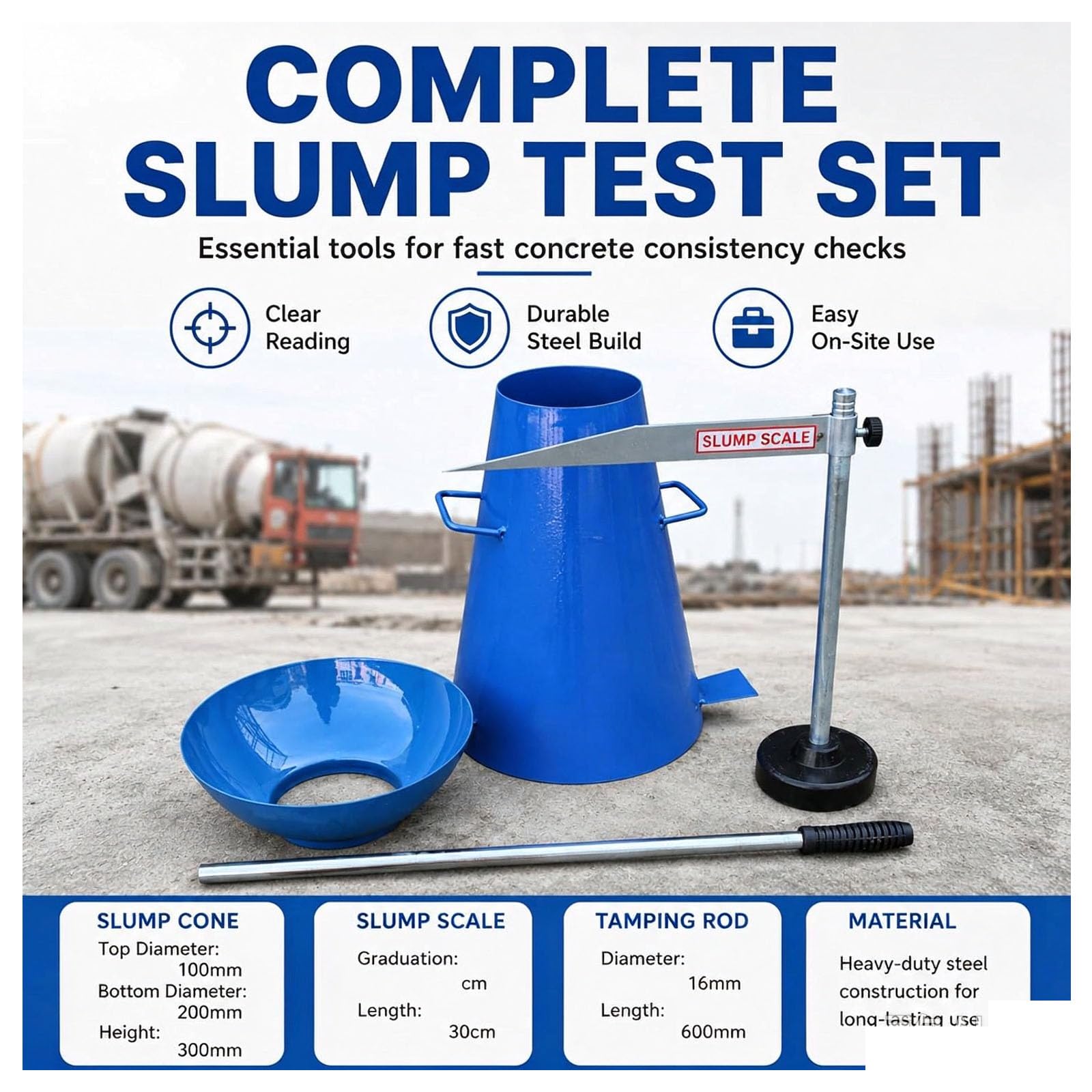 Set Industriale Per La Prova Di Consistenza Del Calcestruzzo Con Cono, Kit Per La Prova Di Consistenza Del Calcestruzzo Con Cono In Acciaio, Asta Di Compattazione, Righello Di Misurazione,