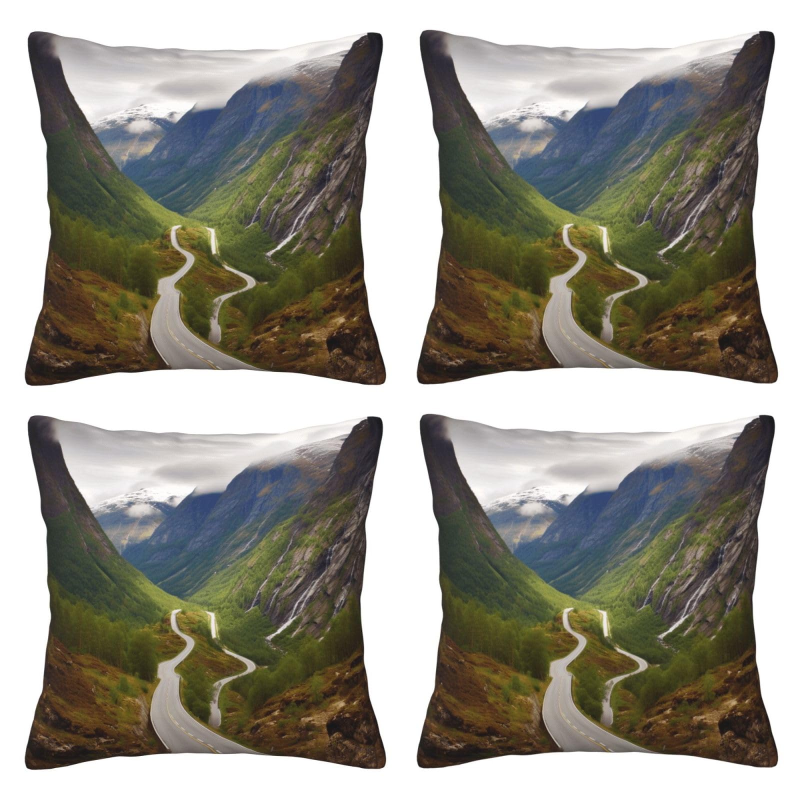 Mountain Road Norway Throw Pillow Cases 4 Pack Square Pillowcases Super Soft Pillow Protectors With Zipper for Couch Livingroom Sofa Bed Office Car,50x50 CM