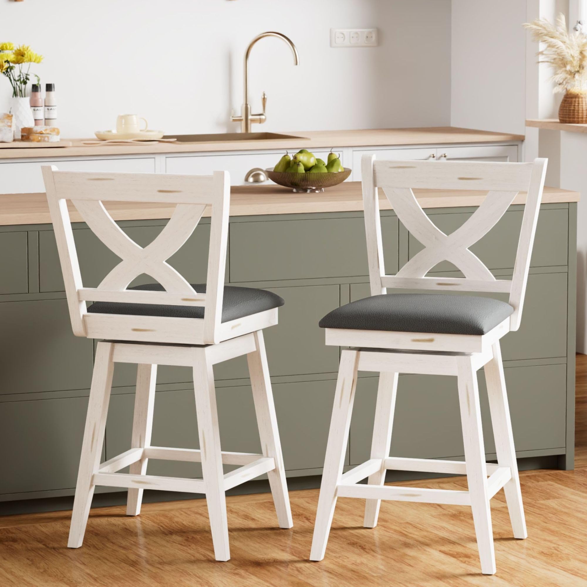 Buytime Swivel Bar Stools Set of 2, 24" Counter Height Swivel Barstools with Solid Footrest & Upholstered Faux Leather Seat, Island Chairs with