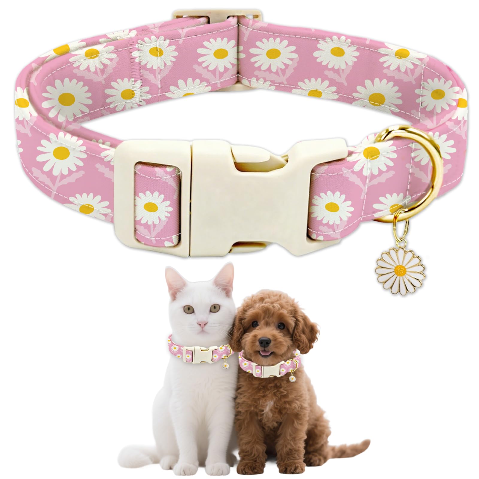 GLOBLELAND Daisy Patterned Dog Collar for Daily Pets Flowers Puppy Collars Pink Adjustable Soft Pet Scarf with Quick Release Buckle for Small Dogs Walking Running