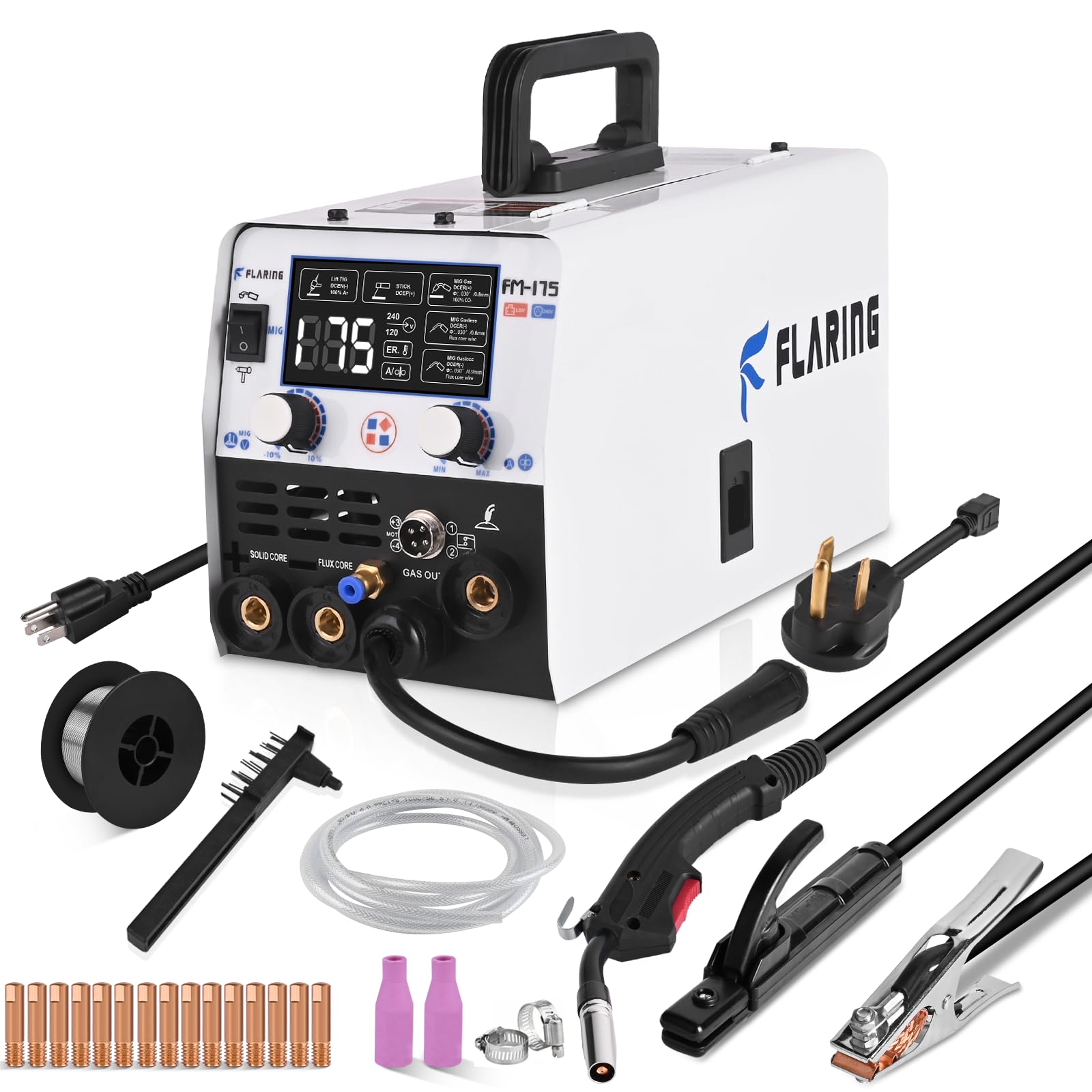 FLARING 175amp MIG Welder,5 IN 1 120V 240V Dual Voltage Welder Machine for Flux Core MIG Welder Gasless/Gas MIG/Lift TIG/Stick/Spool Gun IGBT Inverter with Large LED Display Update FM175
